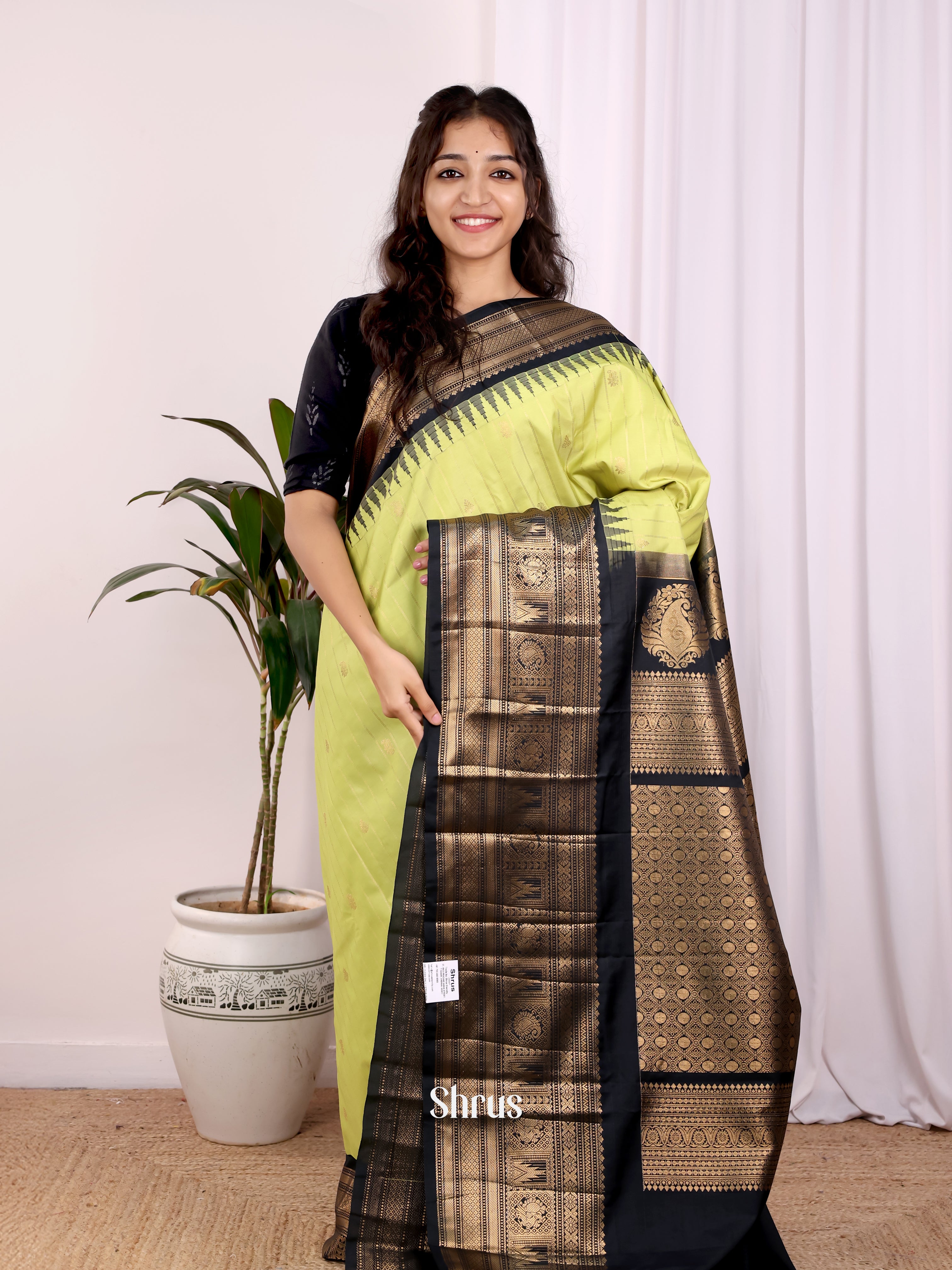 Lite Green & Black - Gadwal halfpure Saree