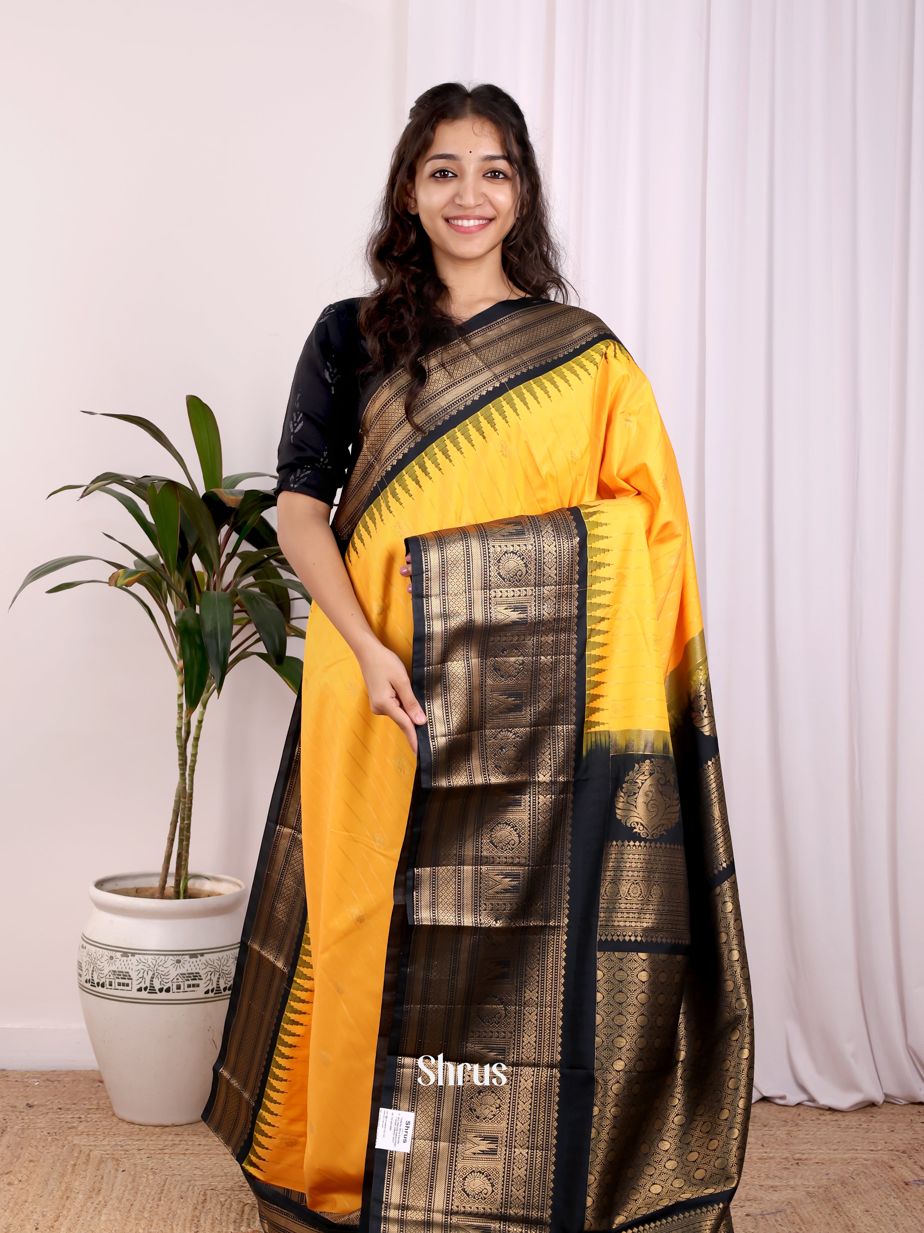 Yellow & Black - Gadwal halfpure Saree