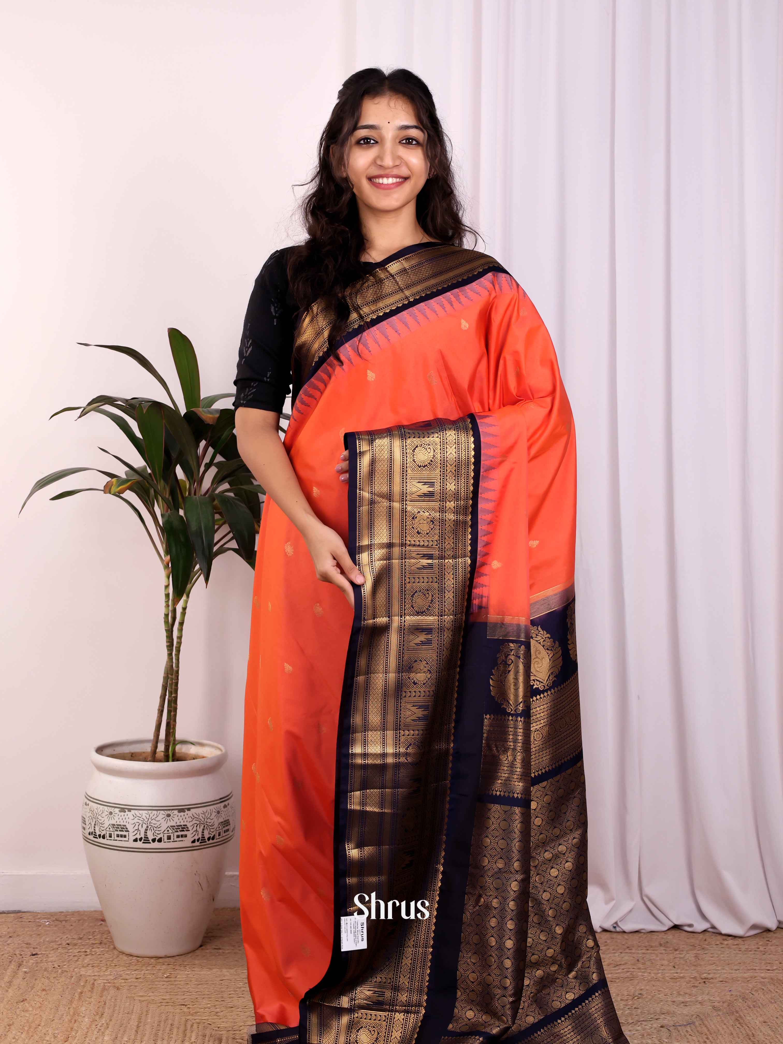 Orange   &  Black - Gadwal halfpure Saree