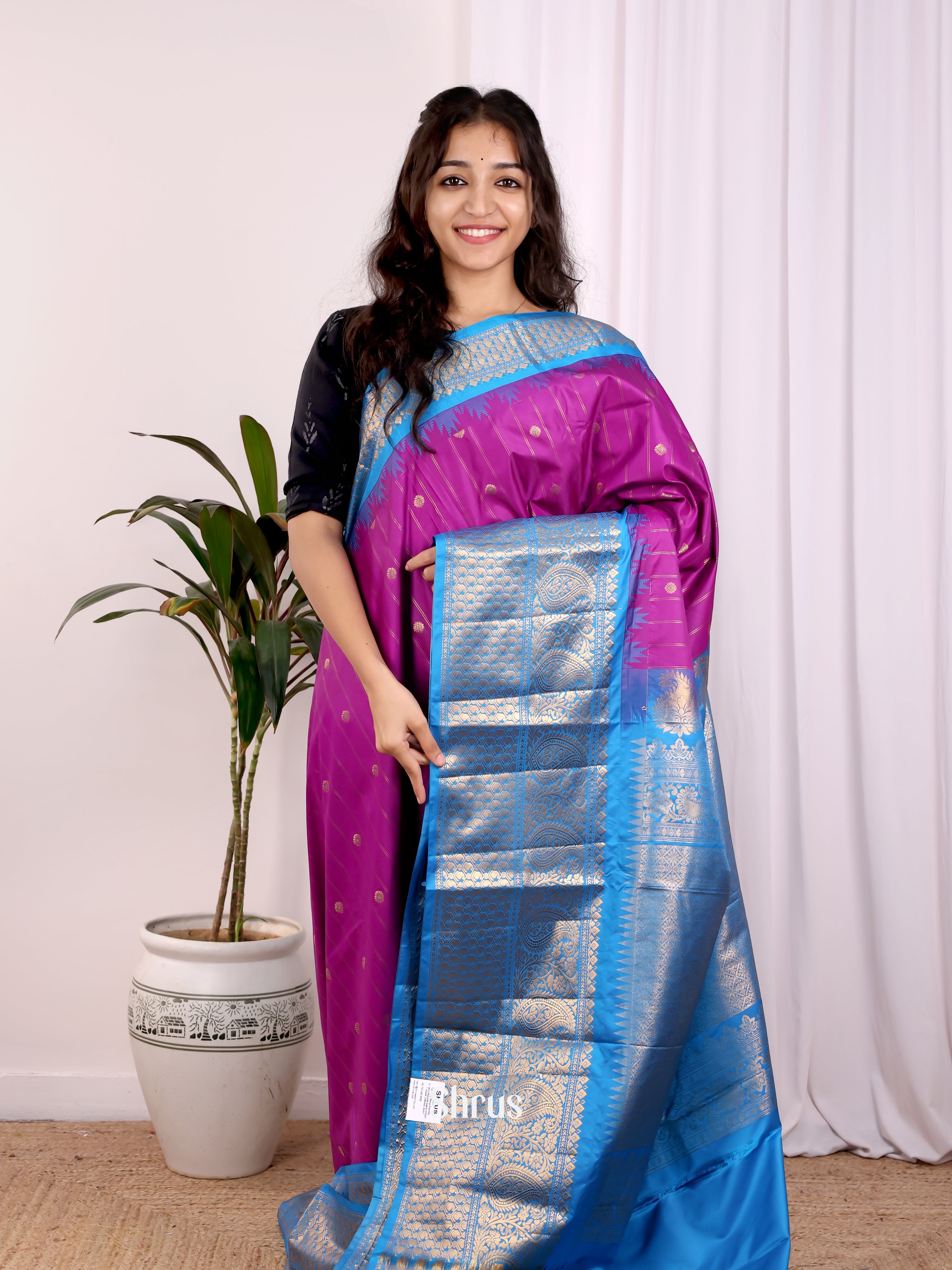 Purple & Blue - Gadwal halfpure Saree