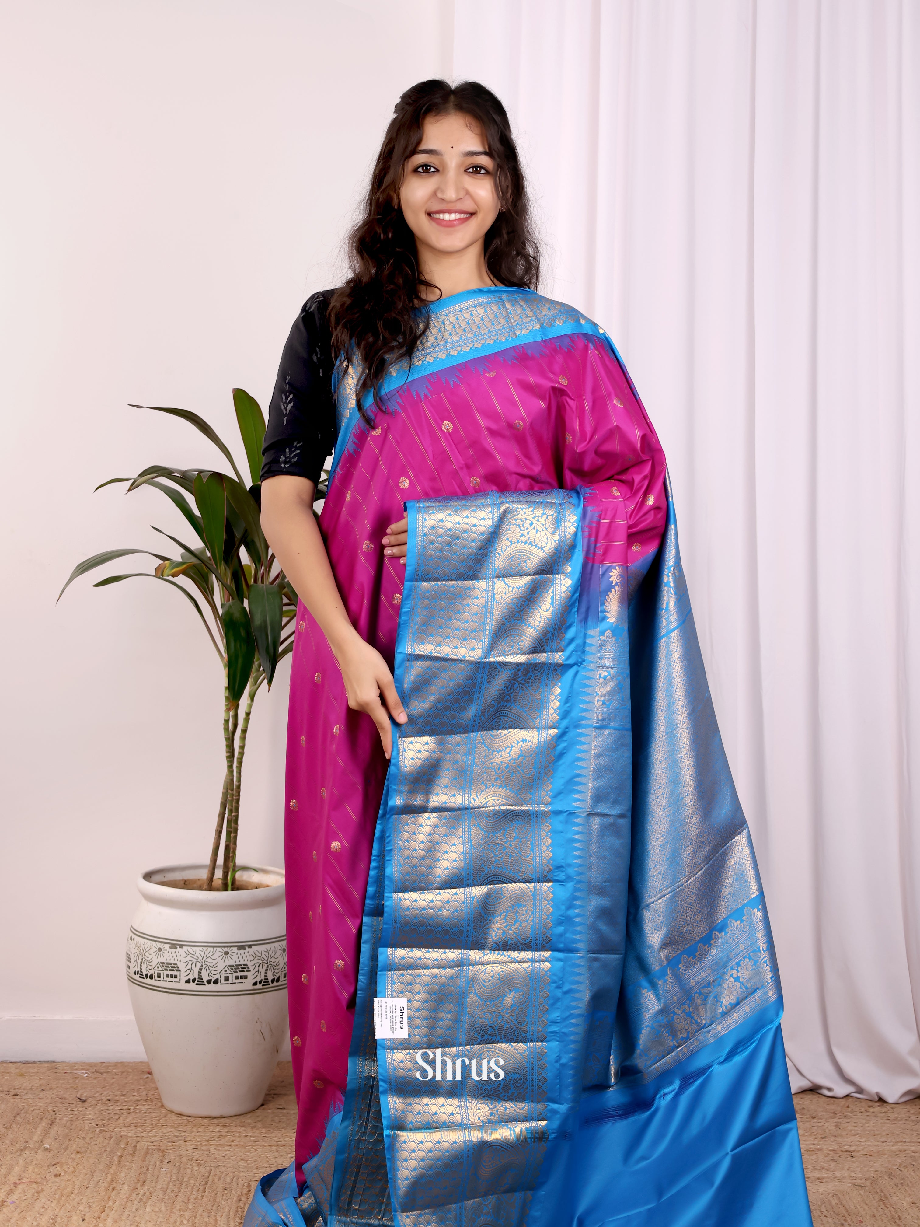 Purple & Blue - Gadwal halfpure Saree