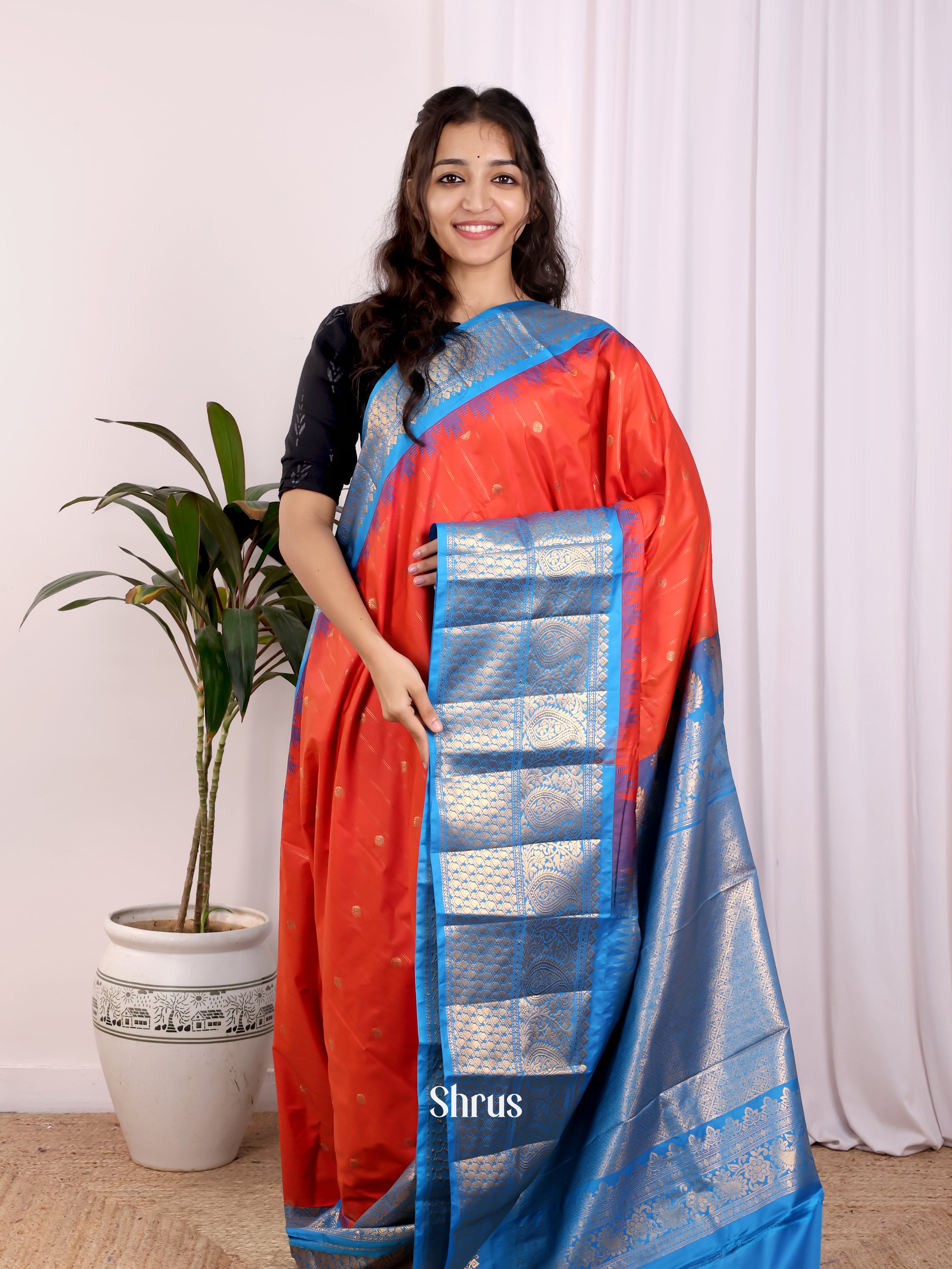 Orangish Red & Blue - Gadwal halfpure Saree