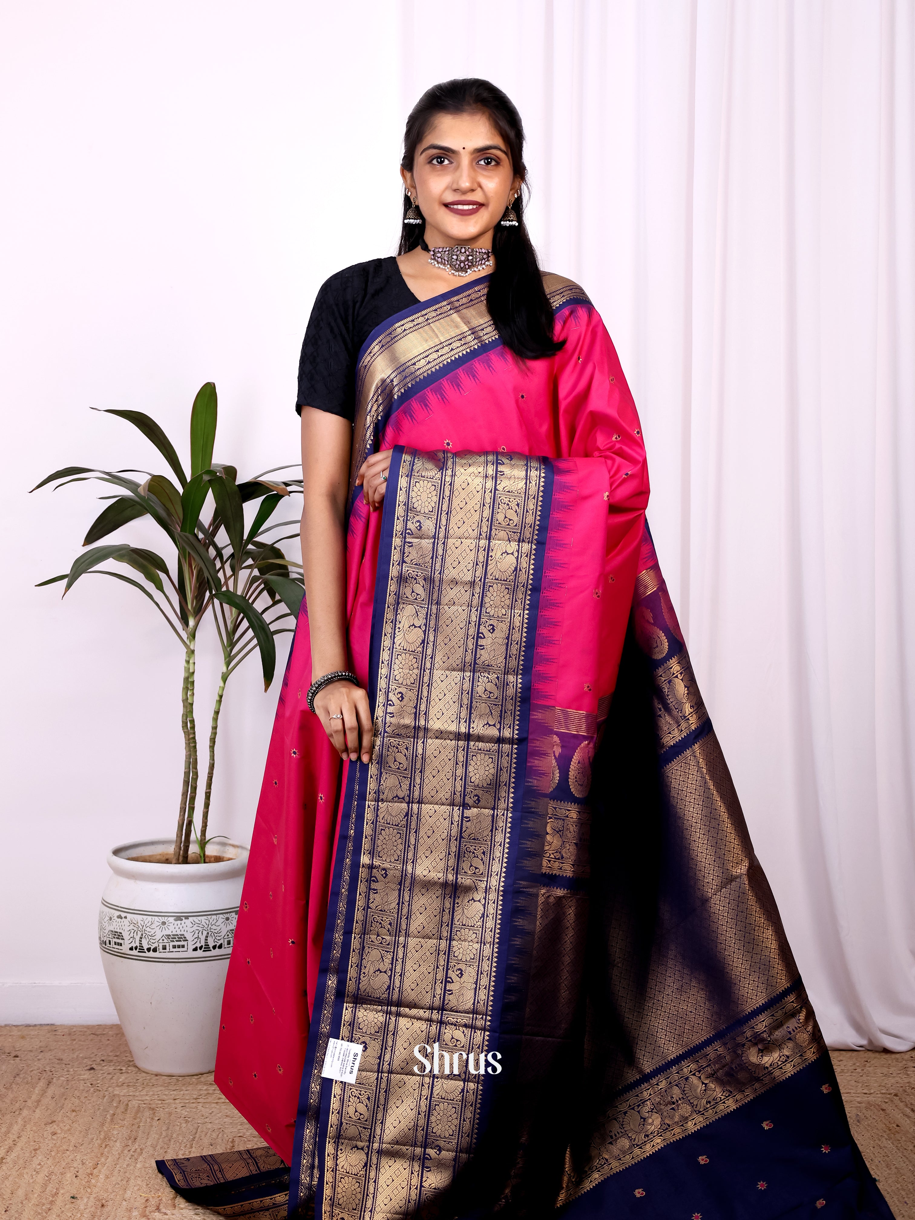 Pink & Blue - Gadwal halfpure Saree