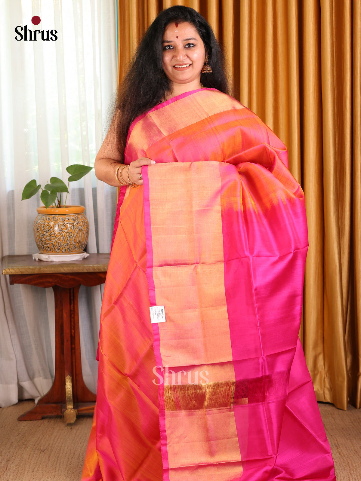 Radiant Orange Uppada silk Saree with contrast pink pallu , border - Shop on Shrus.com