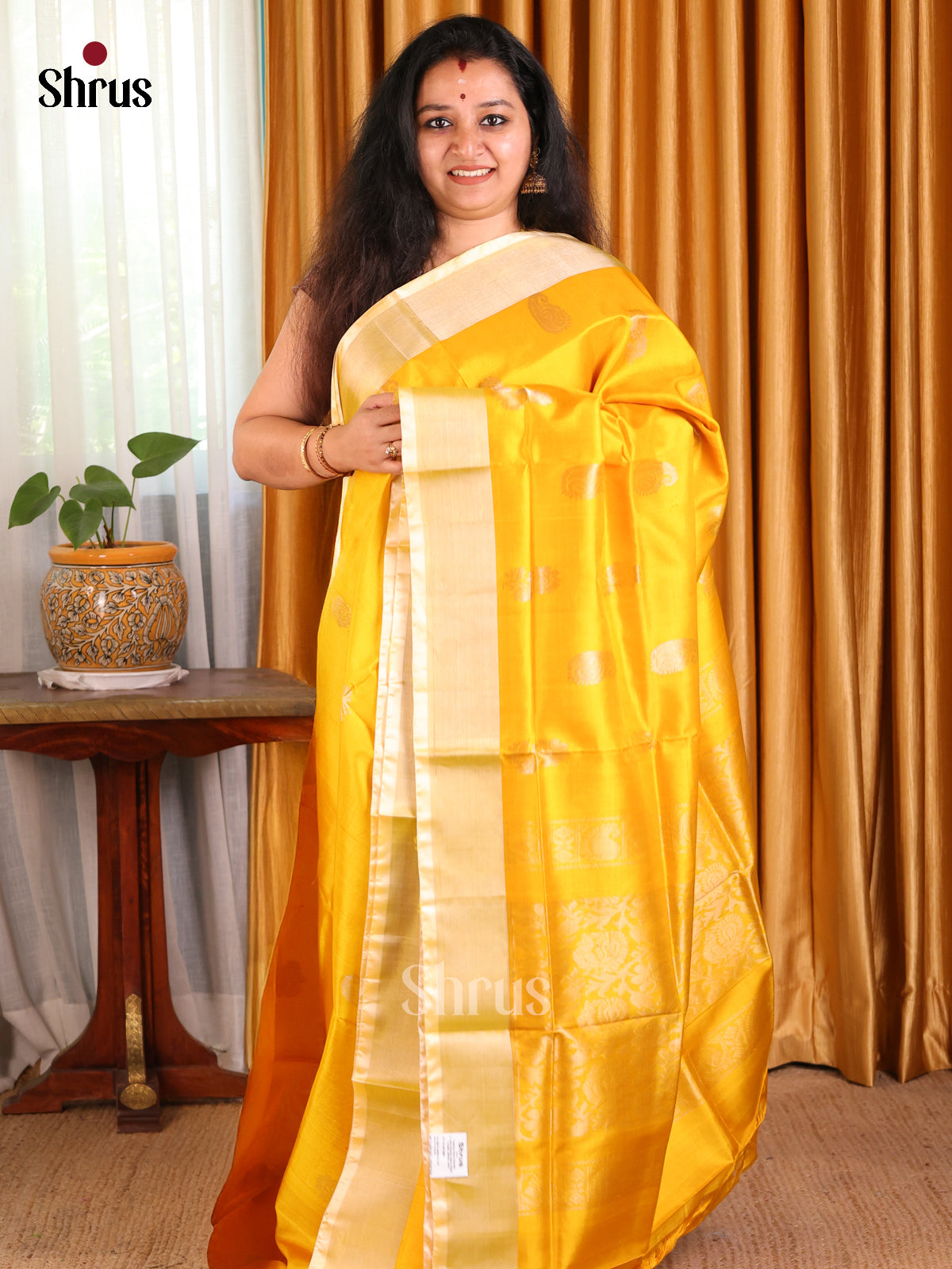 Glorious  Mustard Uppada silk Saree with zari woven floral buttas , contrast equal border - Shop on Shrus.com
