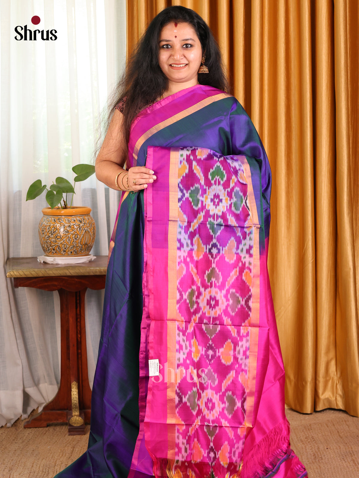 Beautiful Blue Uppada silk Saree with simple body , Majenta pochampally border,pallu - Shop on Shrus.com
