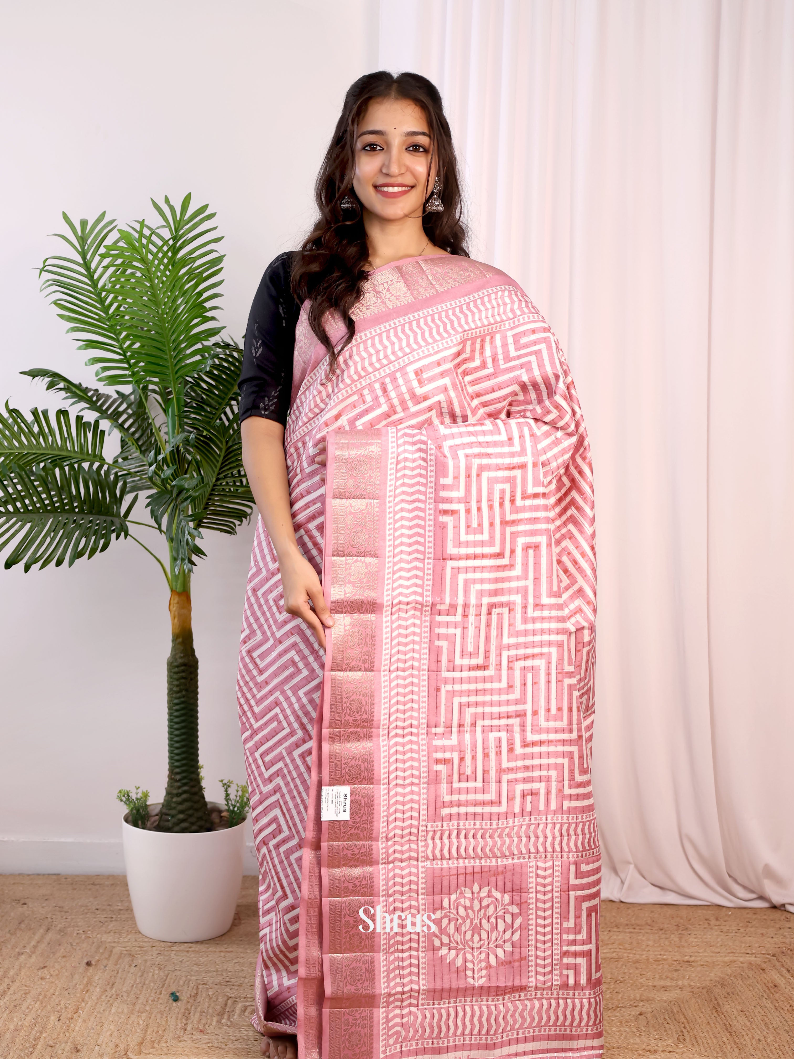 Peachish Pink  - Semi Tussar Saree - Shop on Shrus.com