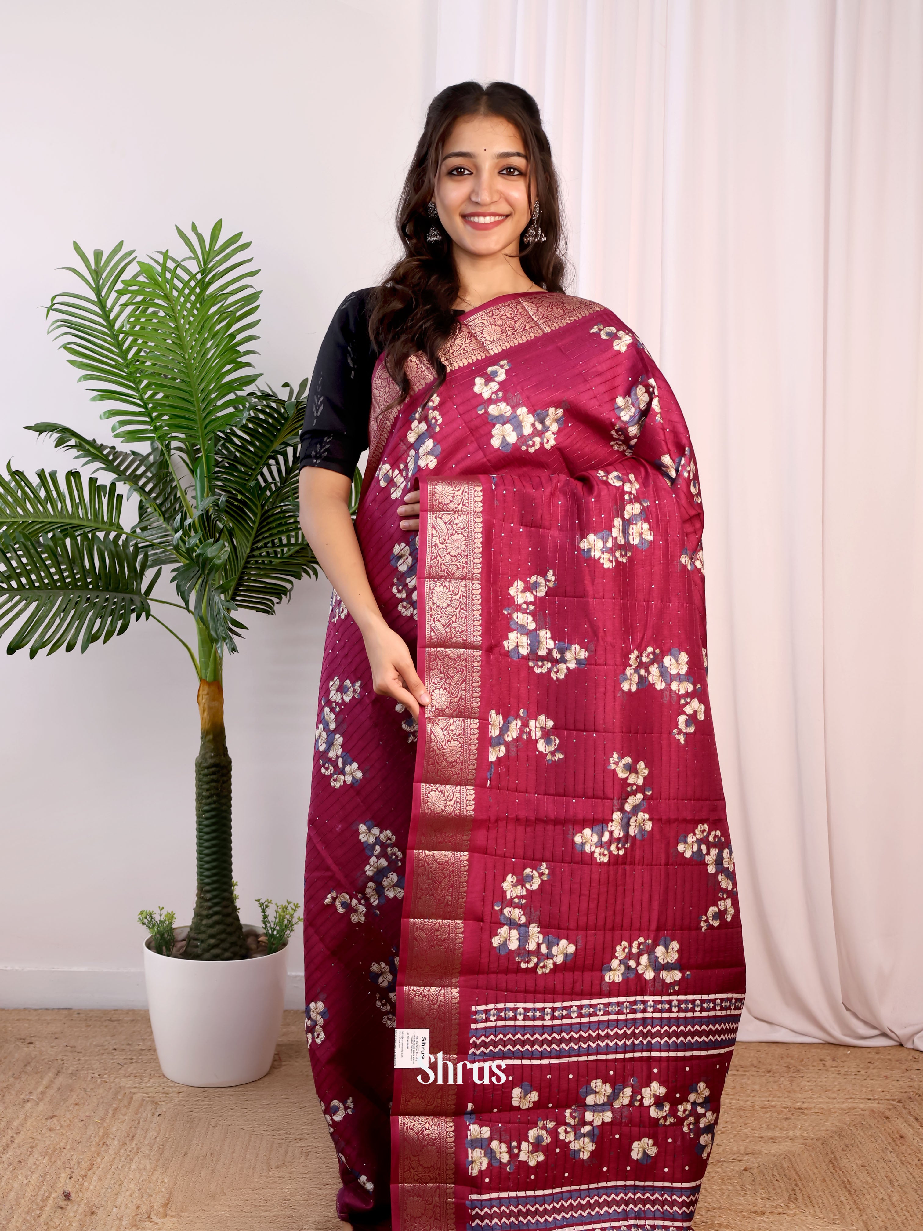 Dark Purple - Semi Tussar Saree - Shop on Shrus.com