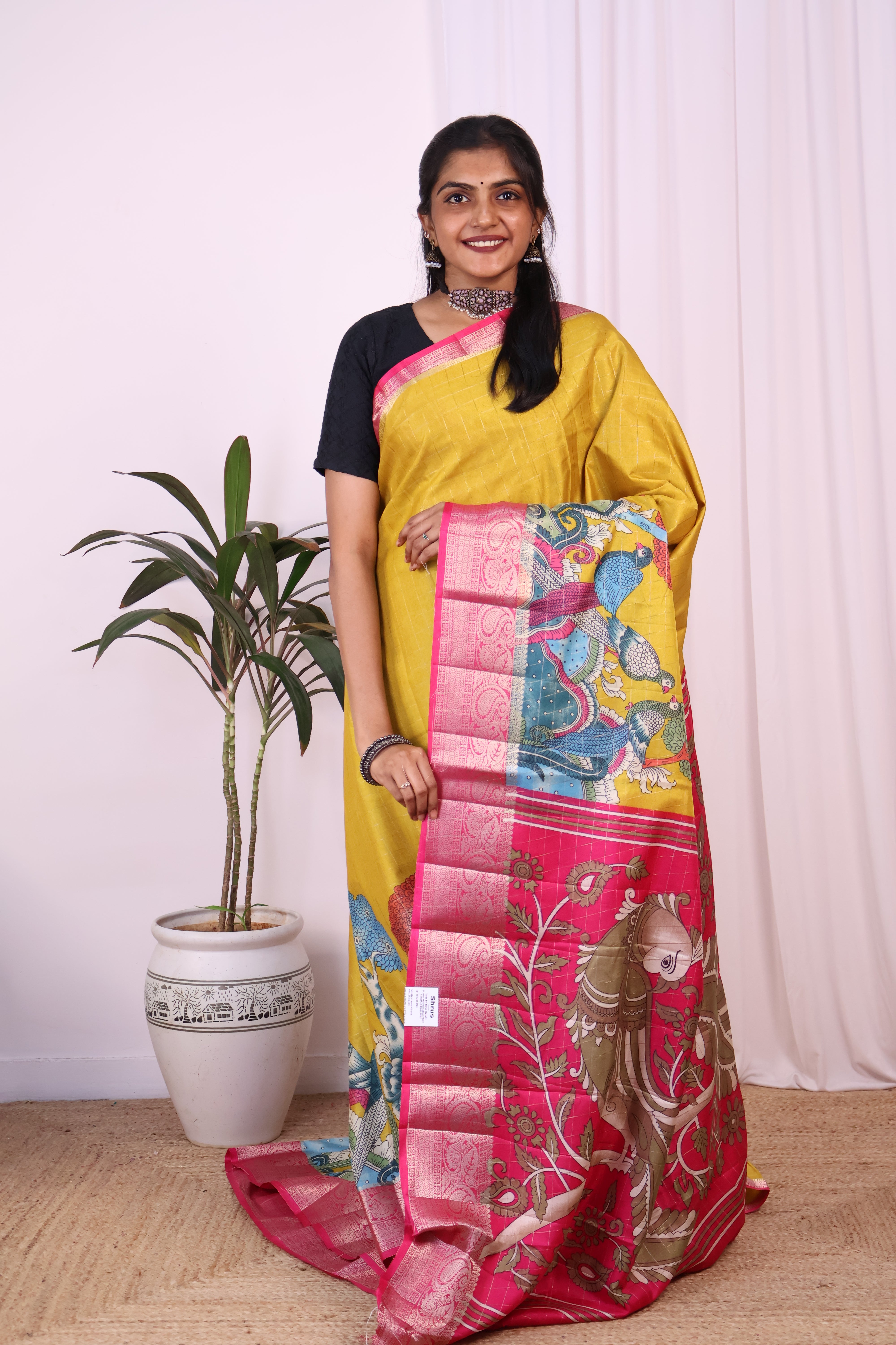 Mustard & Pink - Semi Tussar Saree