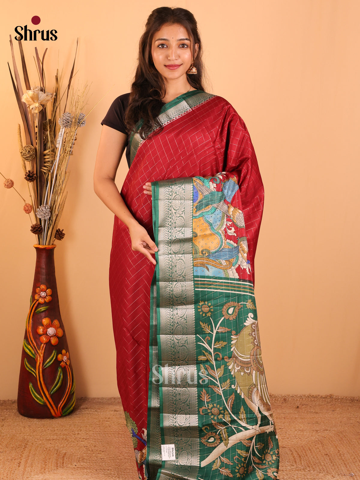 Maroon with Green - Printed Tussar saree - CJS29405 - Shop on Shrus.com
