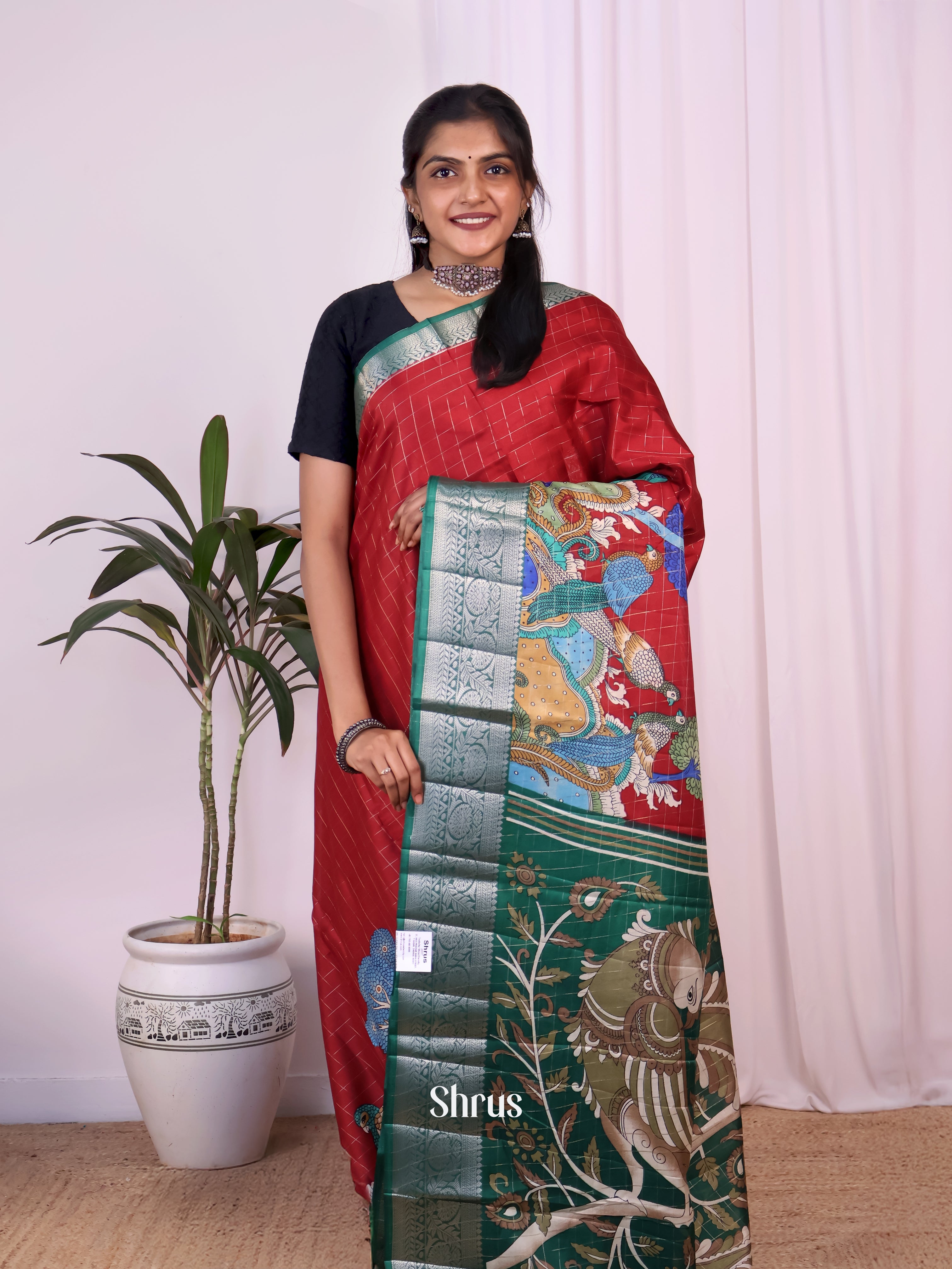 Red & Green - Semi Tussar Saree