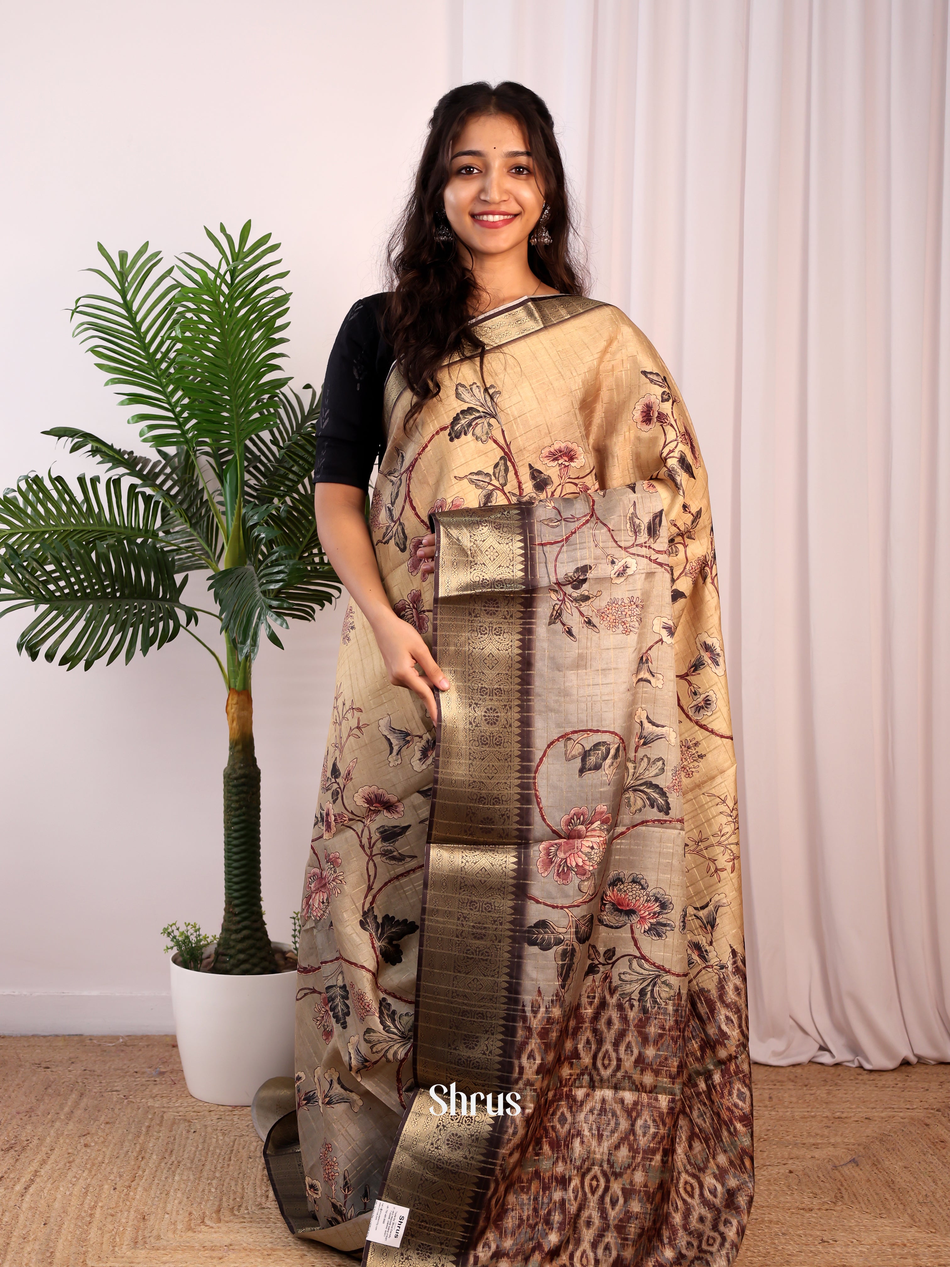 Cream & Brown - Semi Dola silk Saree