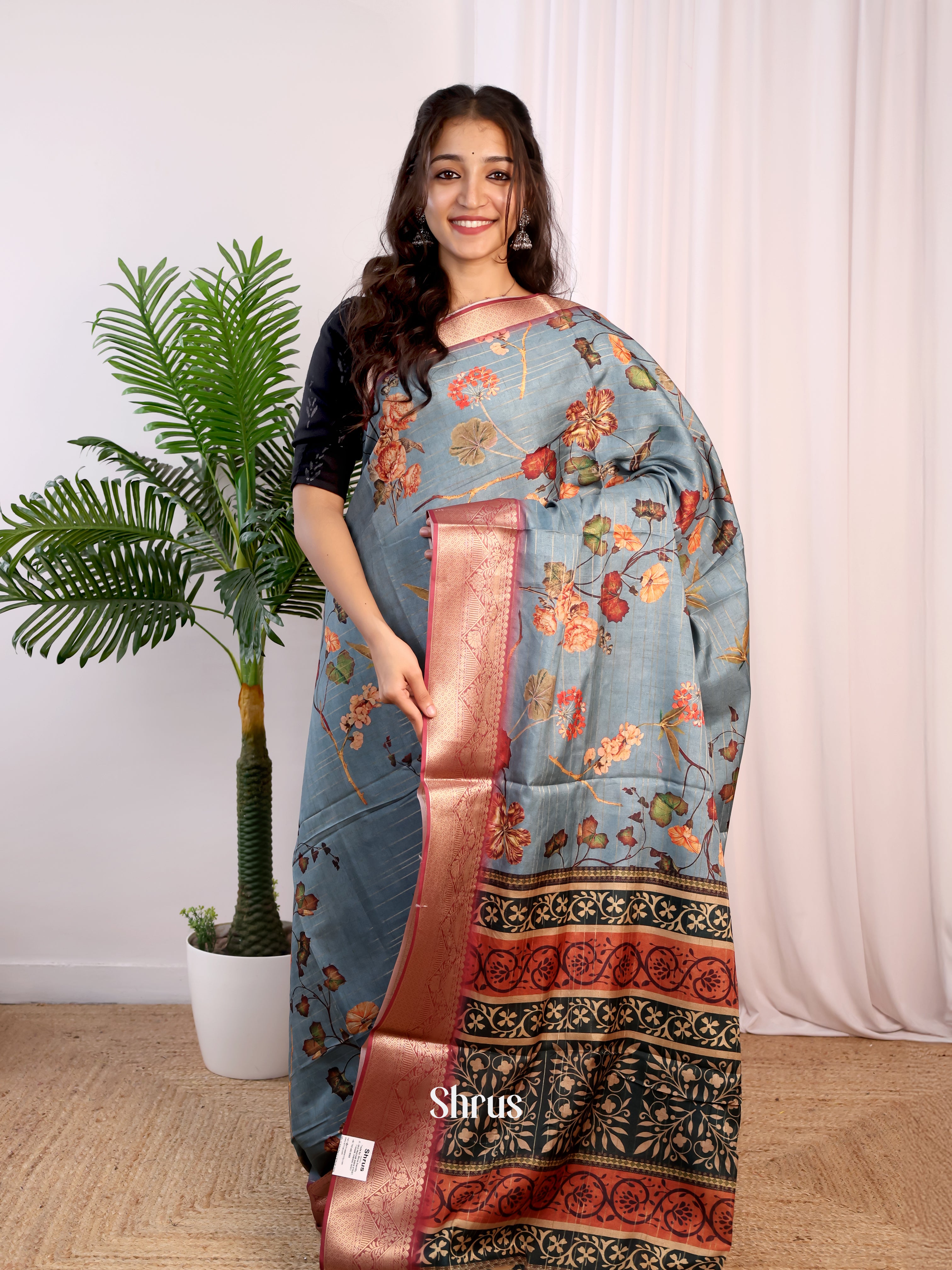 Blue & Maroon - Semi Dola silk Saree