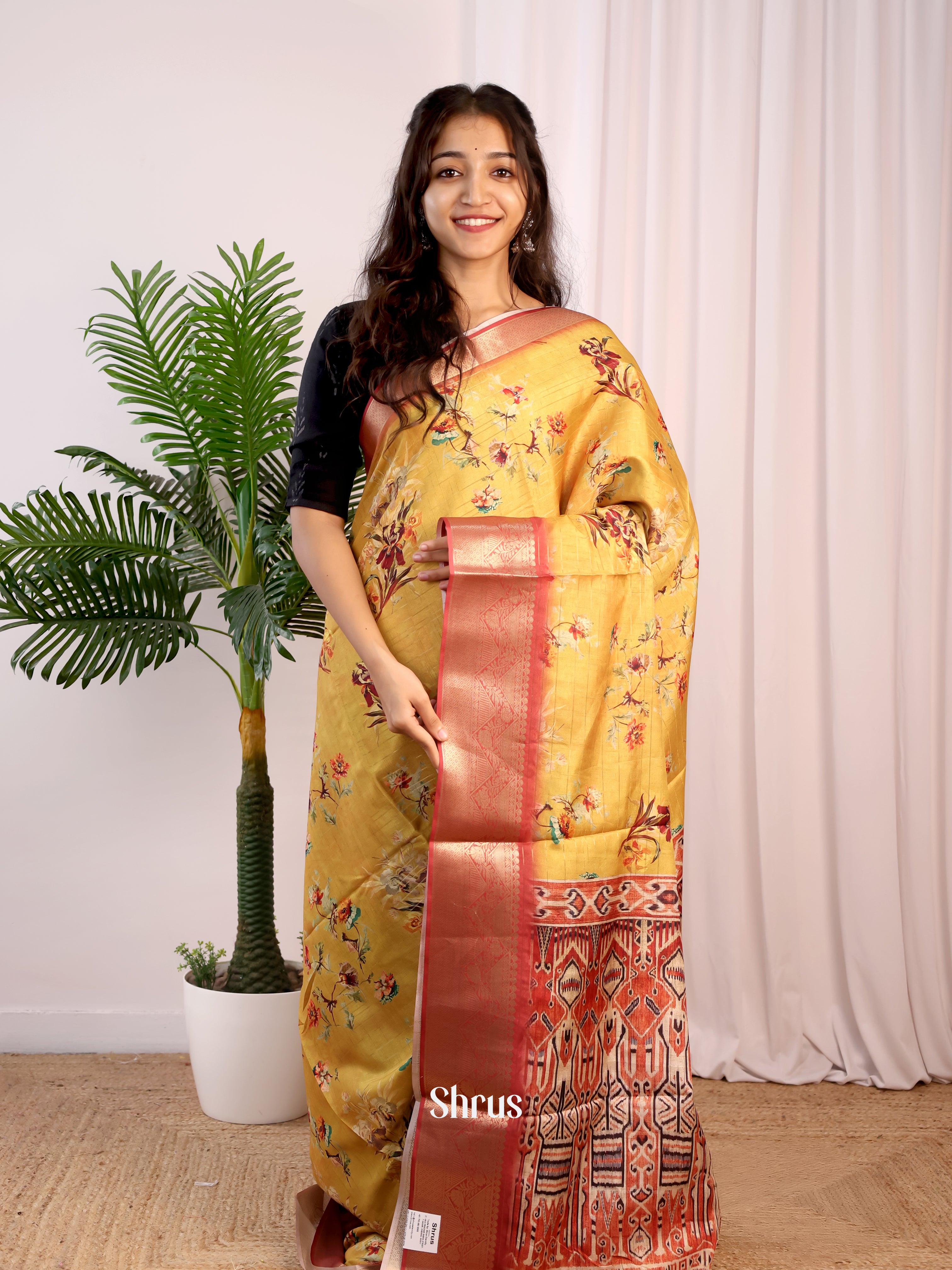 Mustard & Red - Semi Dola silk Saree