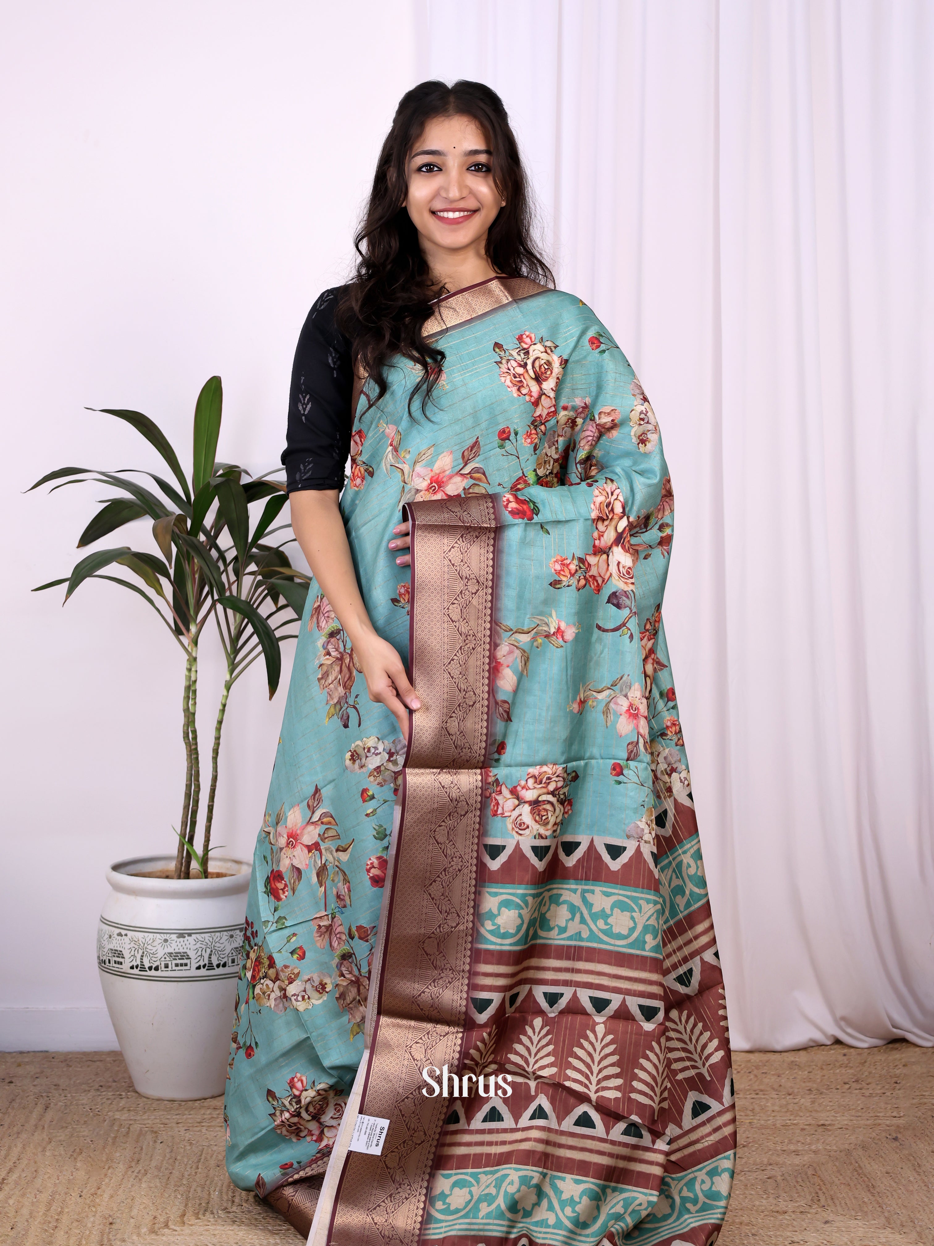 Blue & Brown - Semi Dola silk Saree