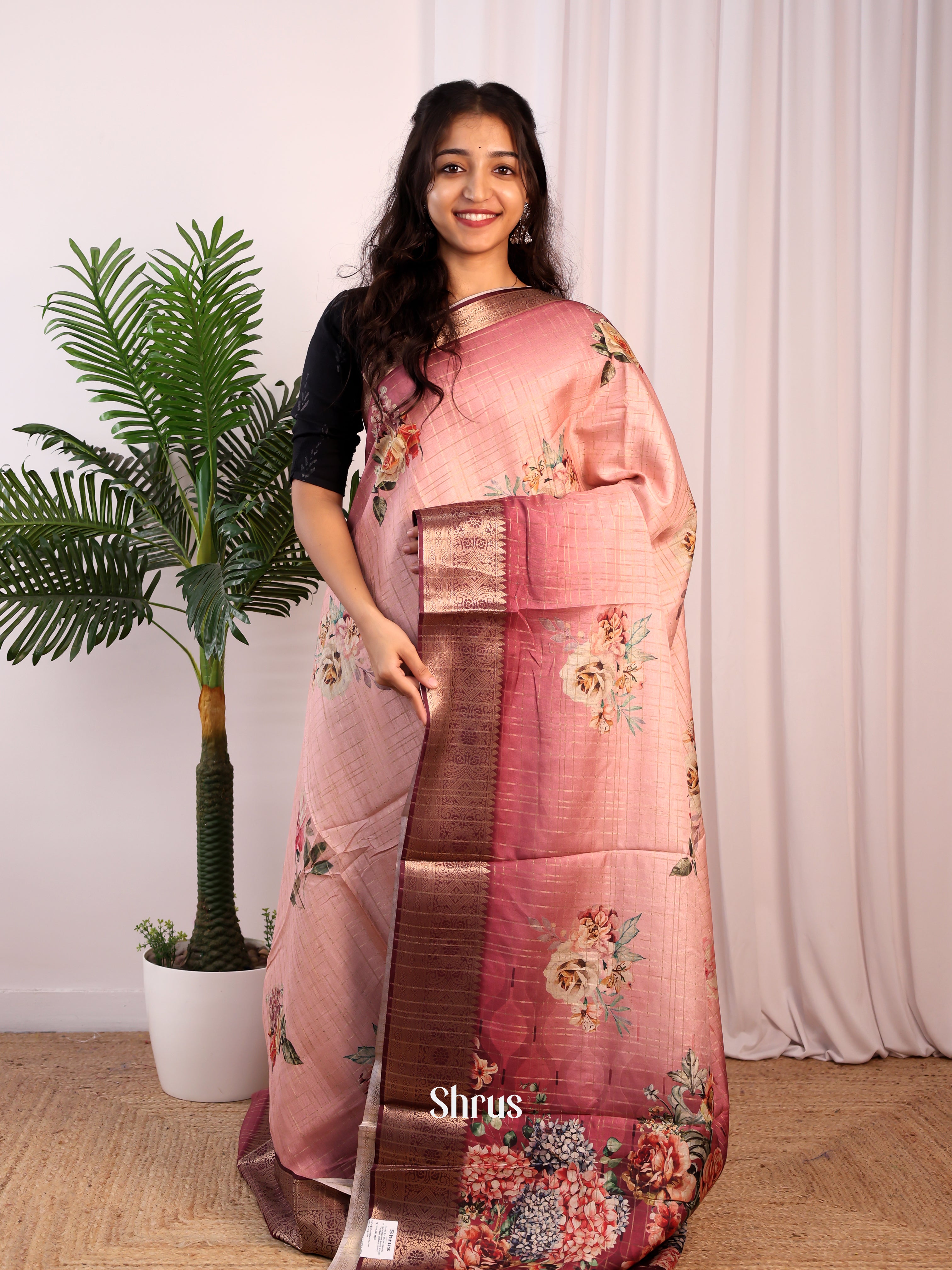 Pink & Brown - Semi Dola silk Saree