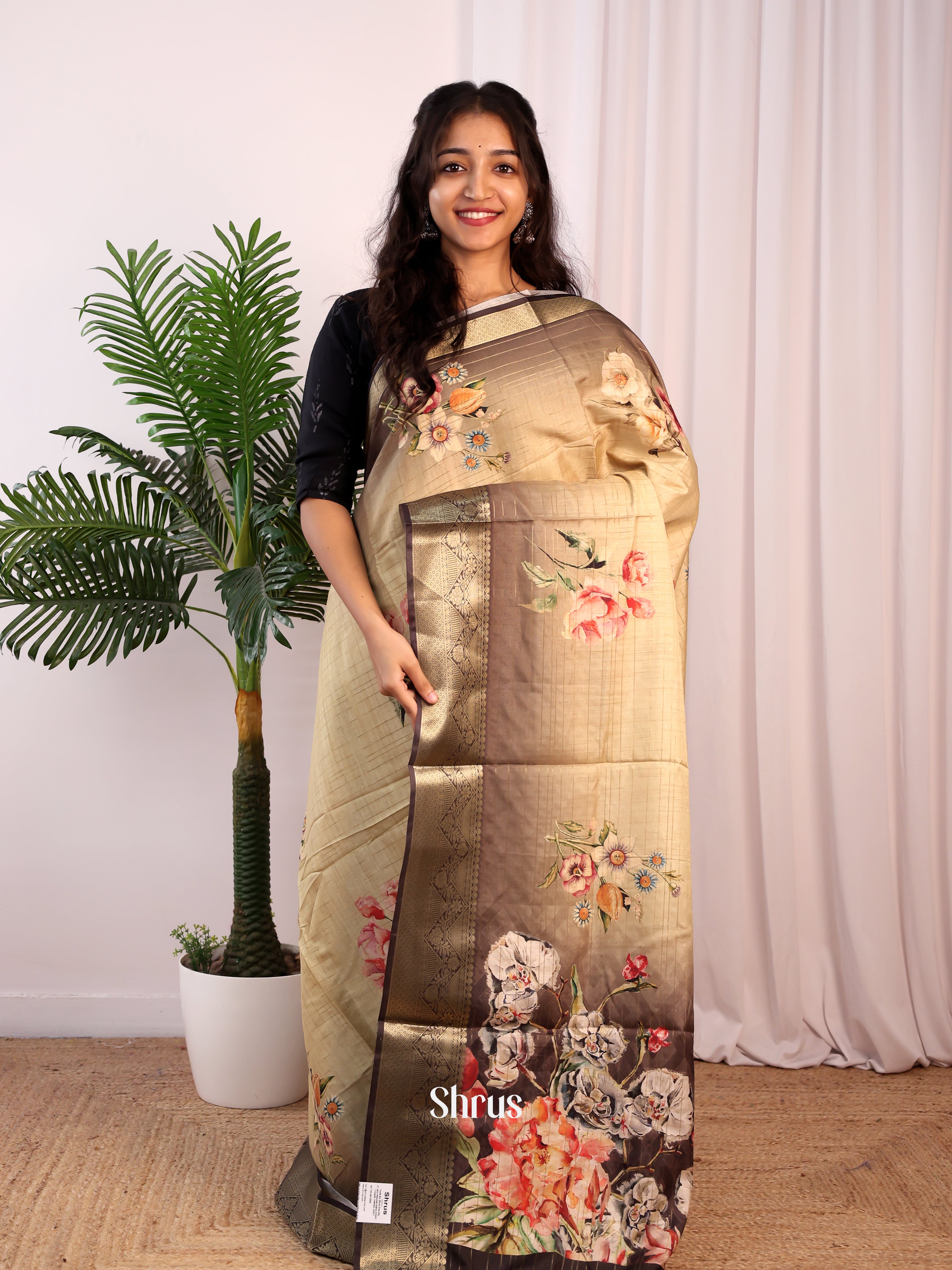 Cream & Brown- Semi Dola silk Saree