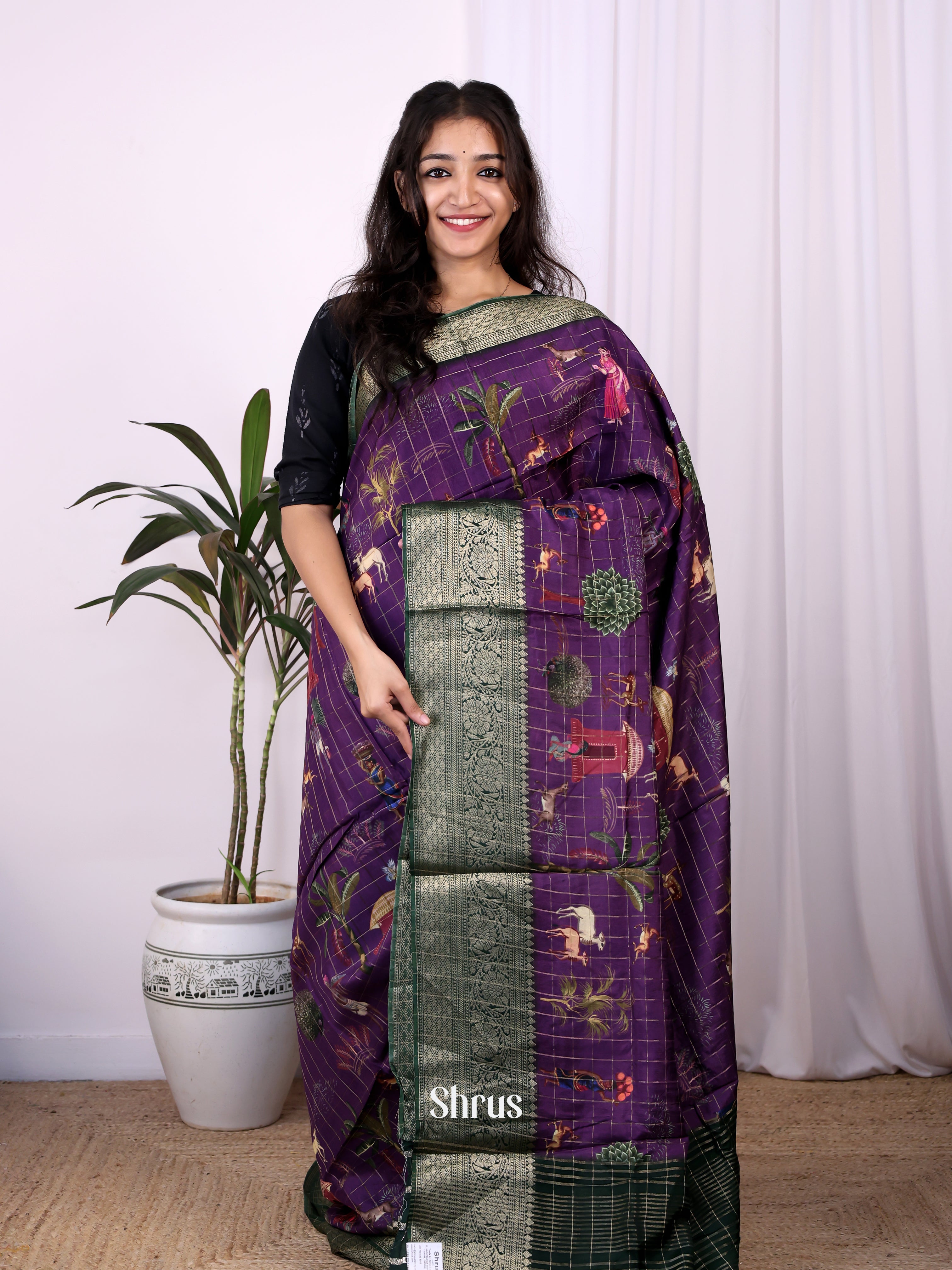 Violet & Green - Semi Dola silk Saree