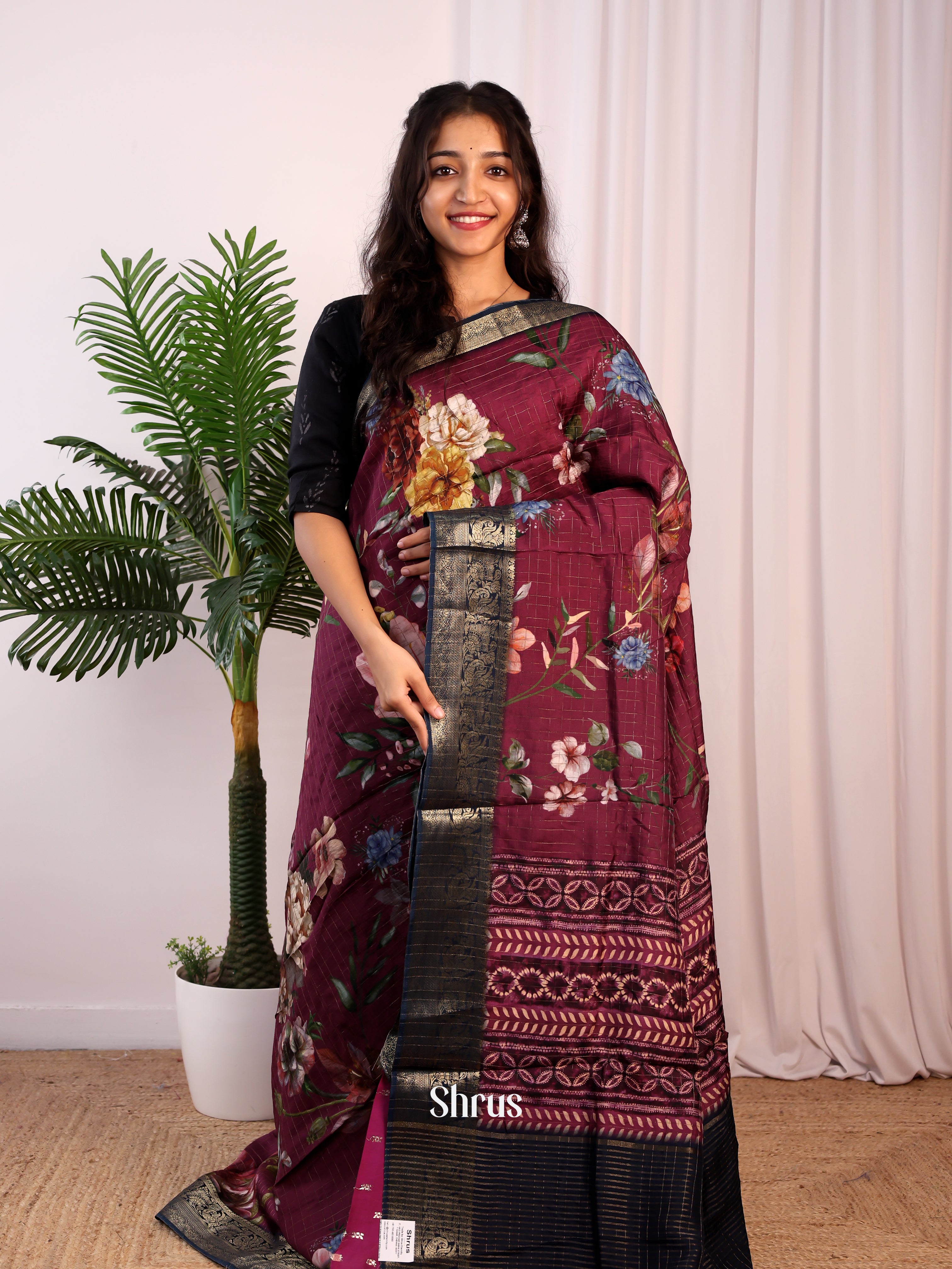 Wine & Blue - Semi Dola silk Saree