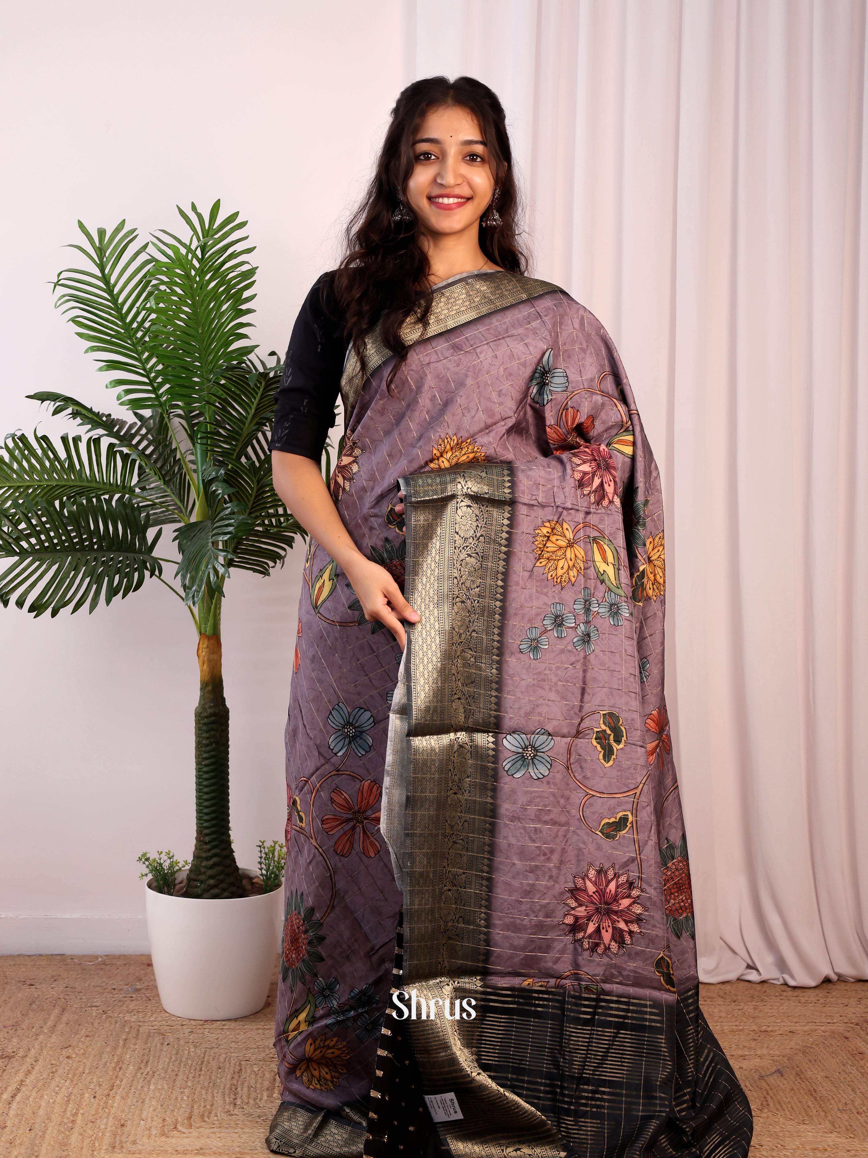 Purple & Black- Semi Dola silk Saree