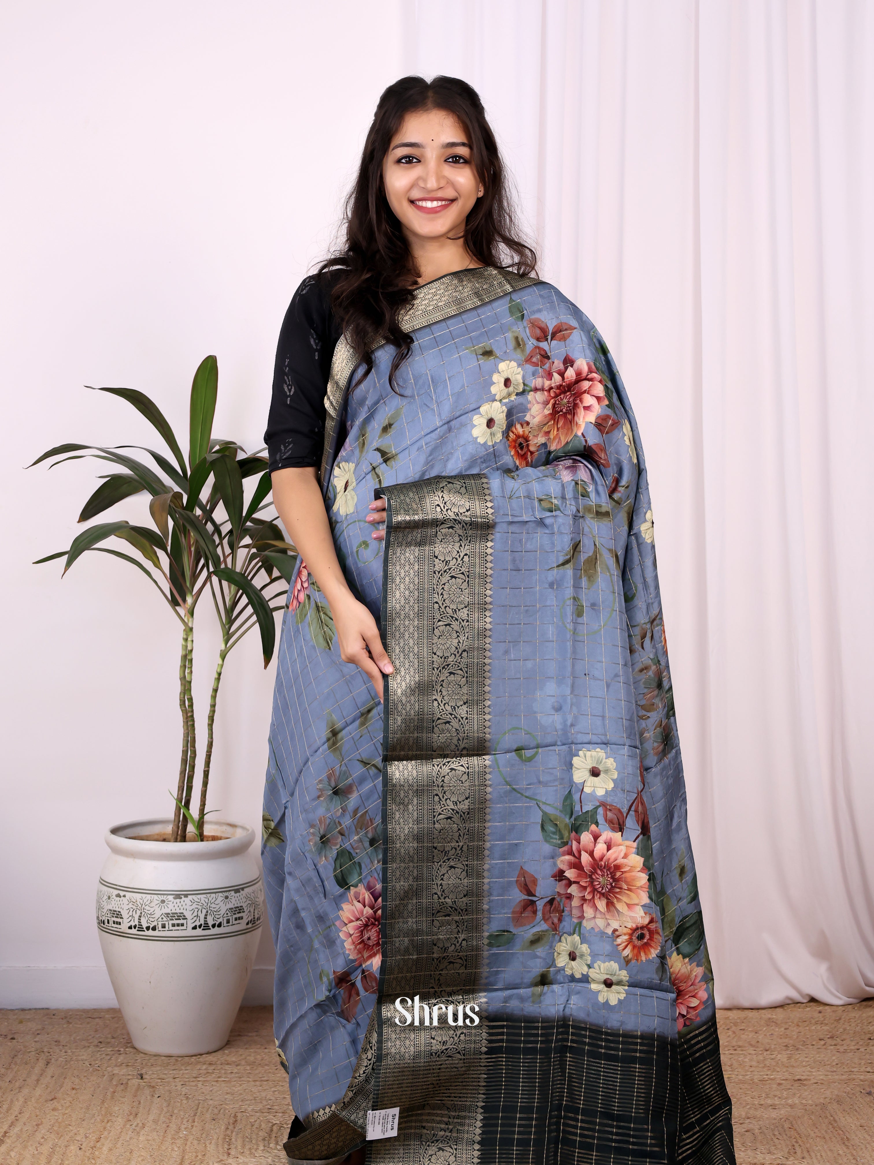 Blue & Black - Semi Dola silk Saree