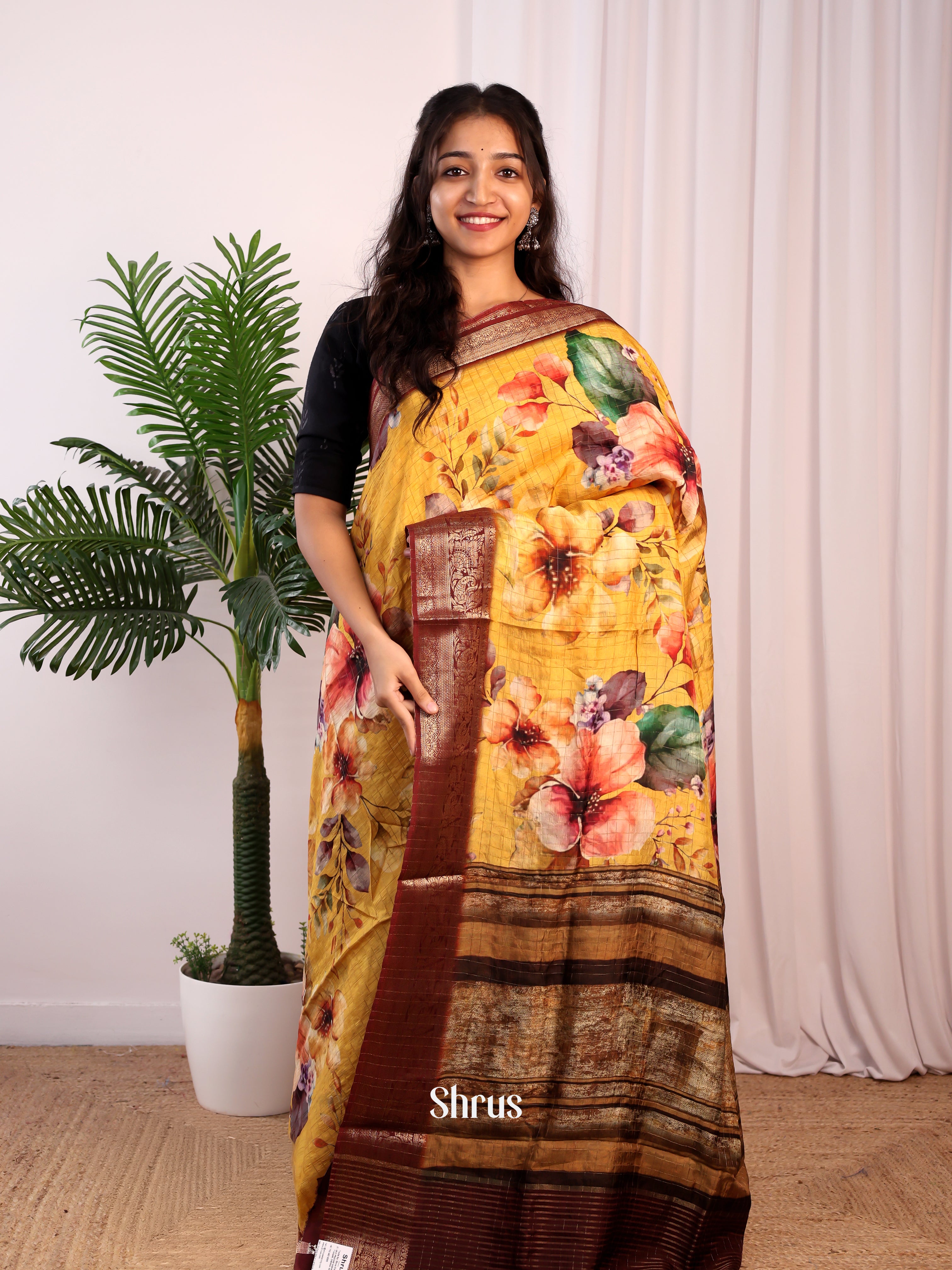 Mustard  & Brown- Semi Dola silk Saree