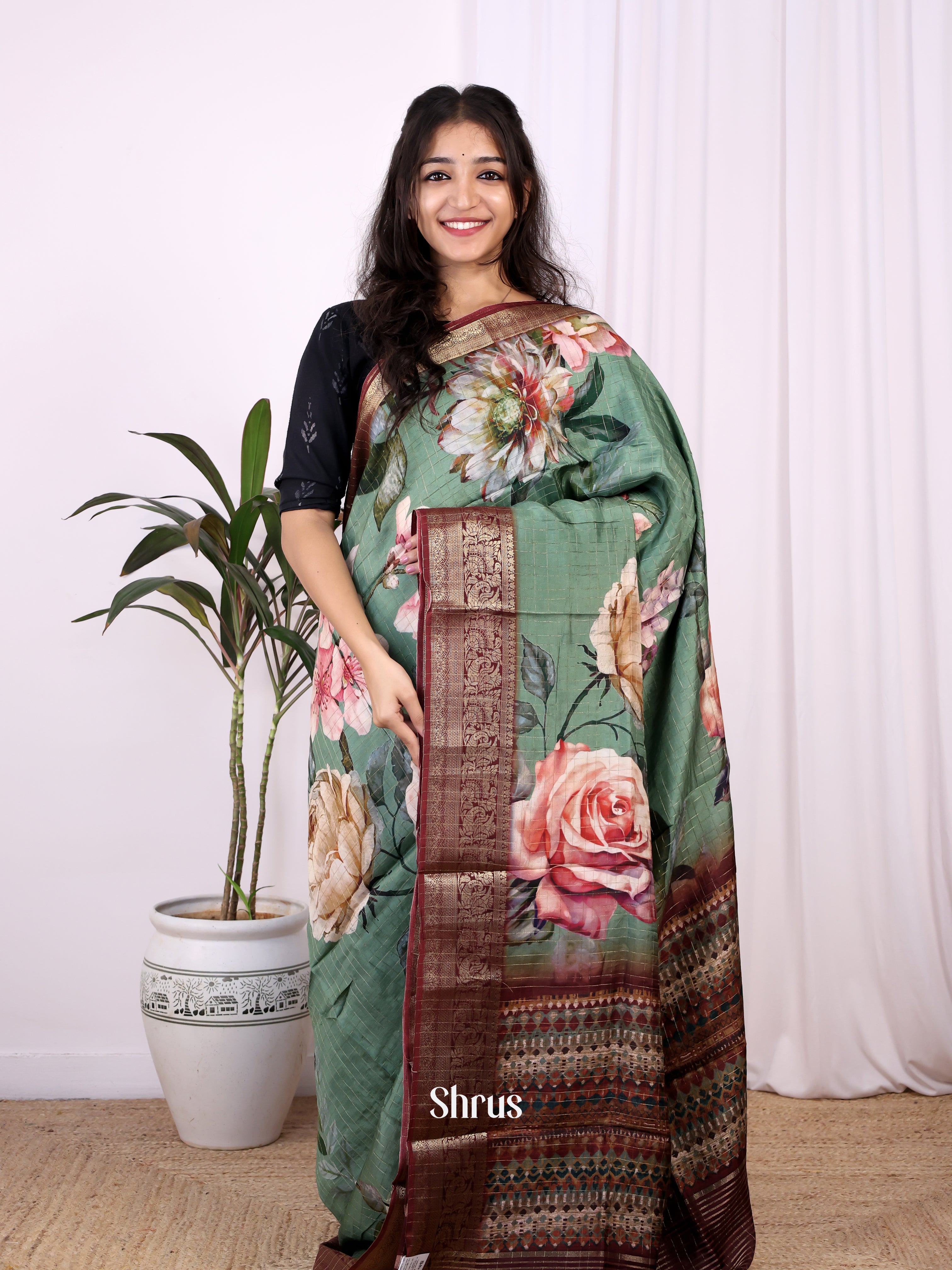 Green & Brown - Semi Dola silk Saree