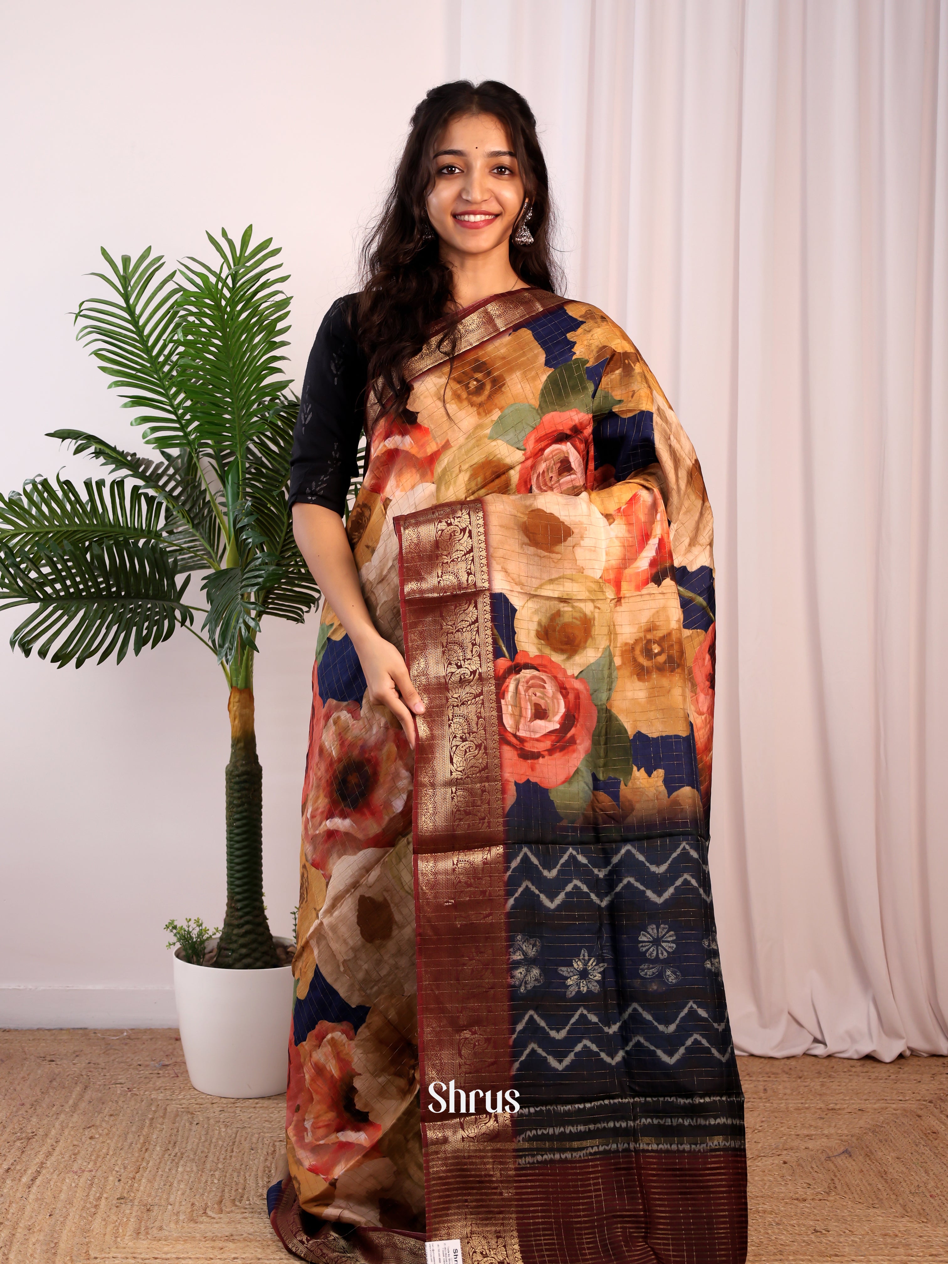 Blue & Brown- Semi Dola silk Saree