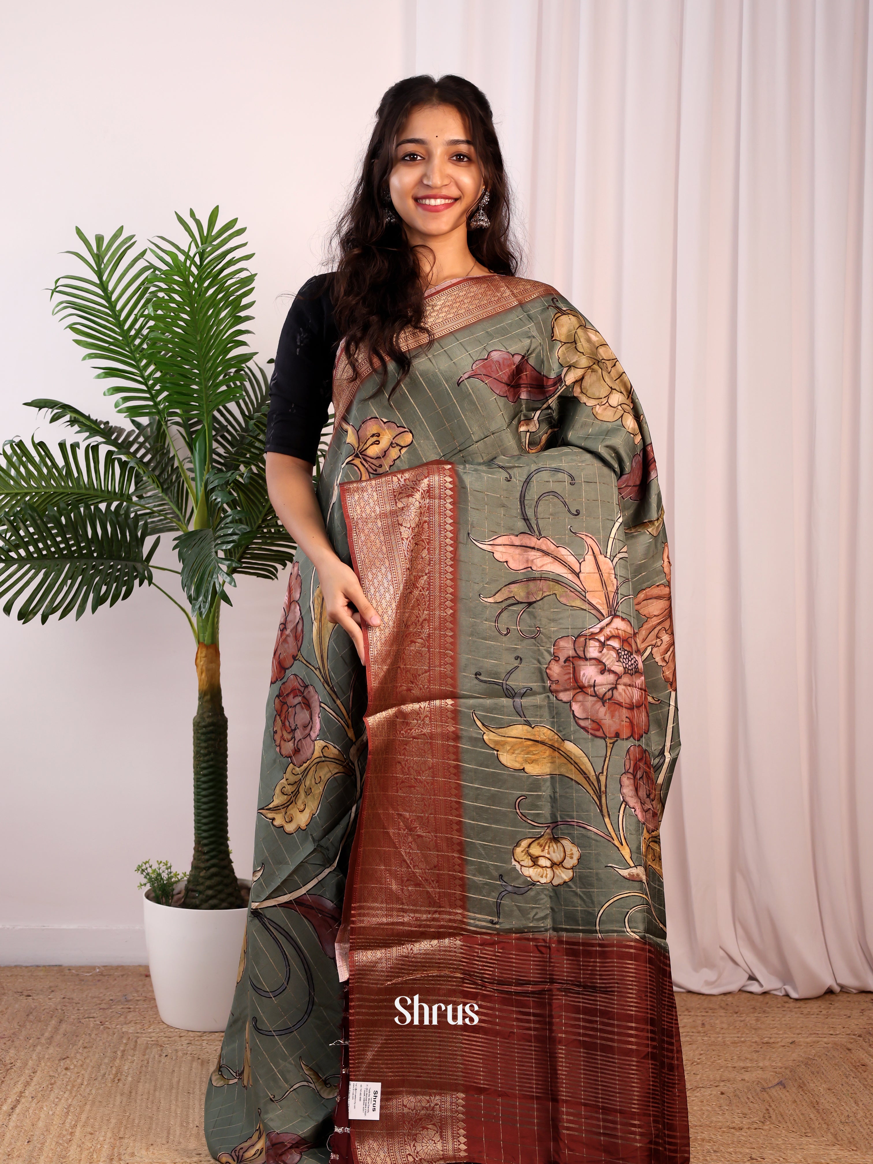 Grey & Brown - Semi Dola silk Saree