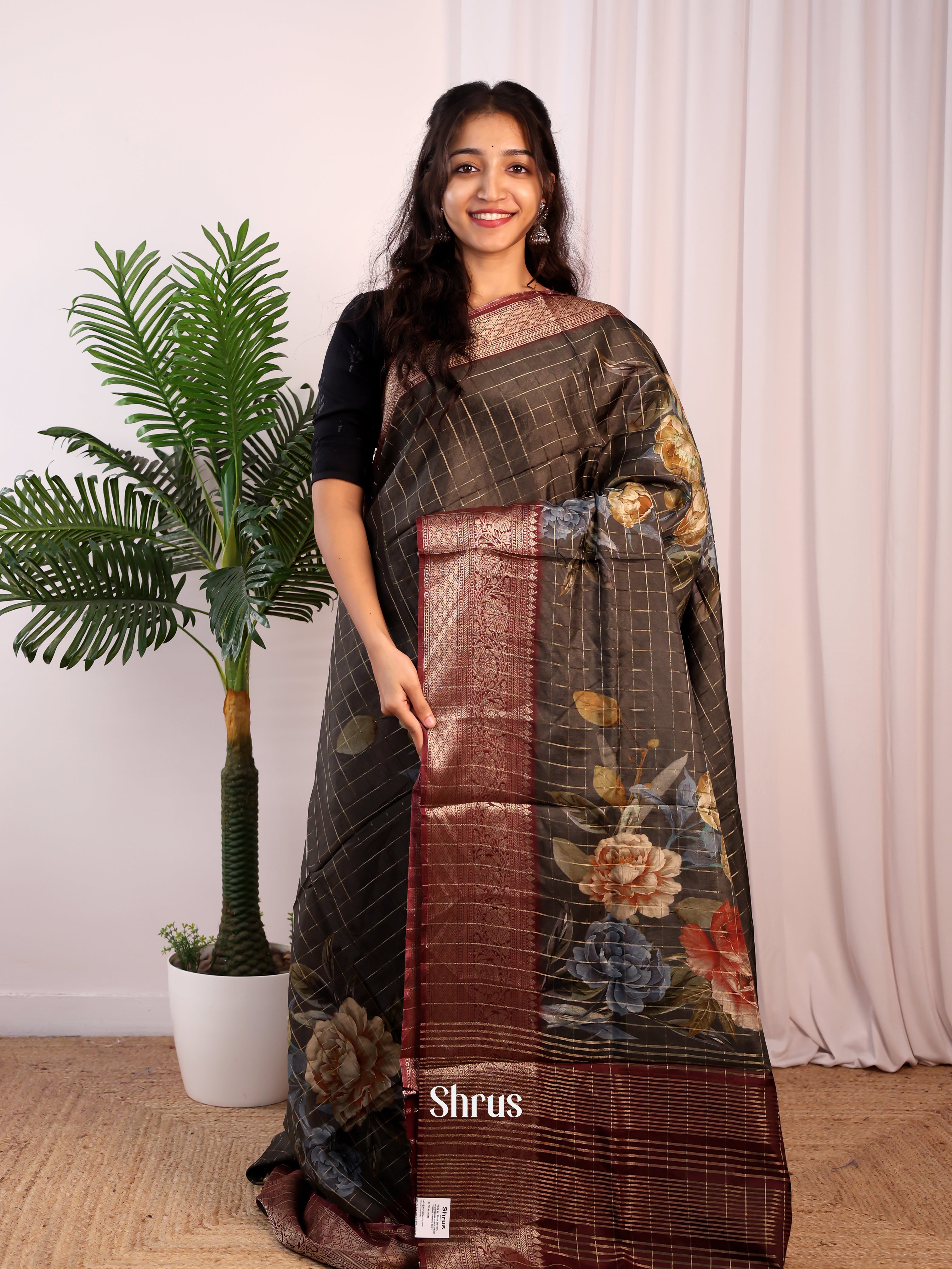 Elephant Grey & Maroon - Semi Dola silk Saree