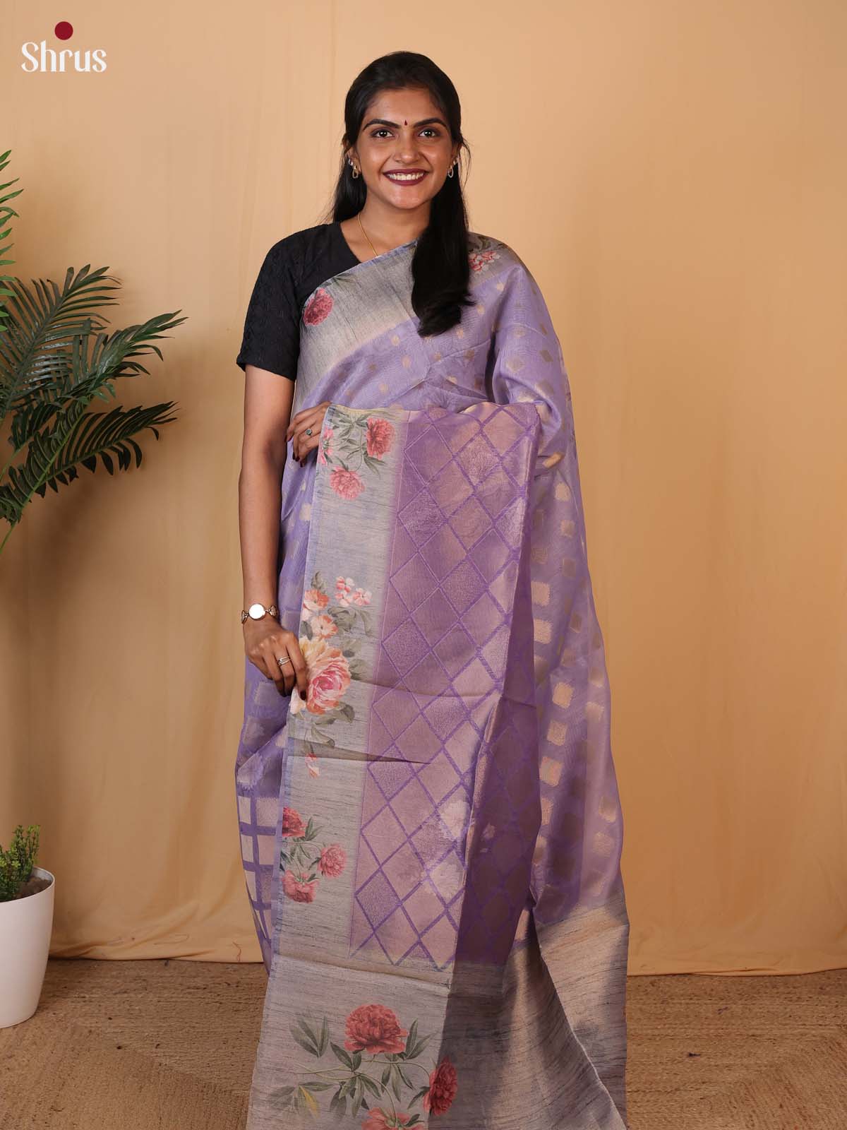 Purple & Grey - Semi Tissue Saree