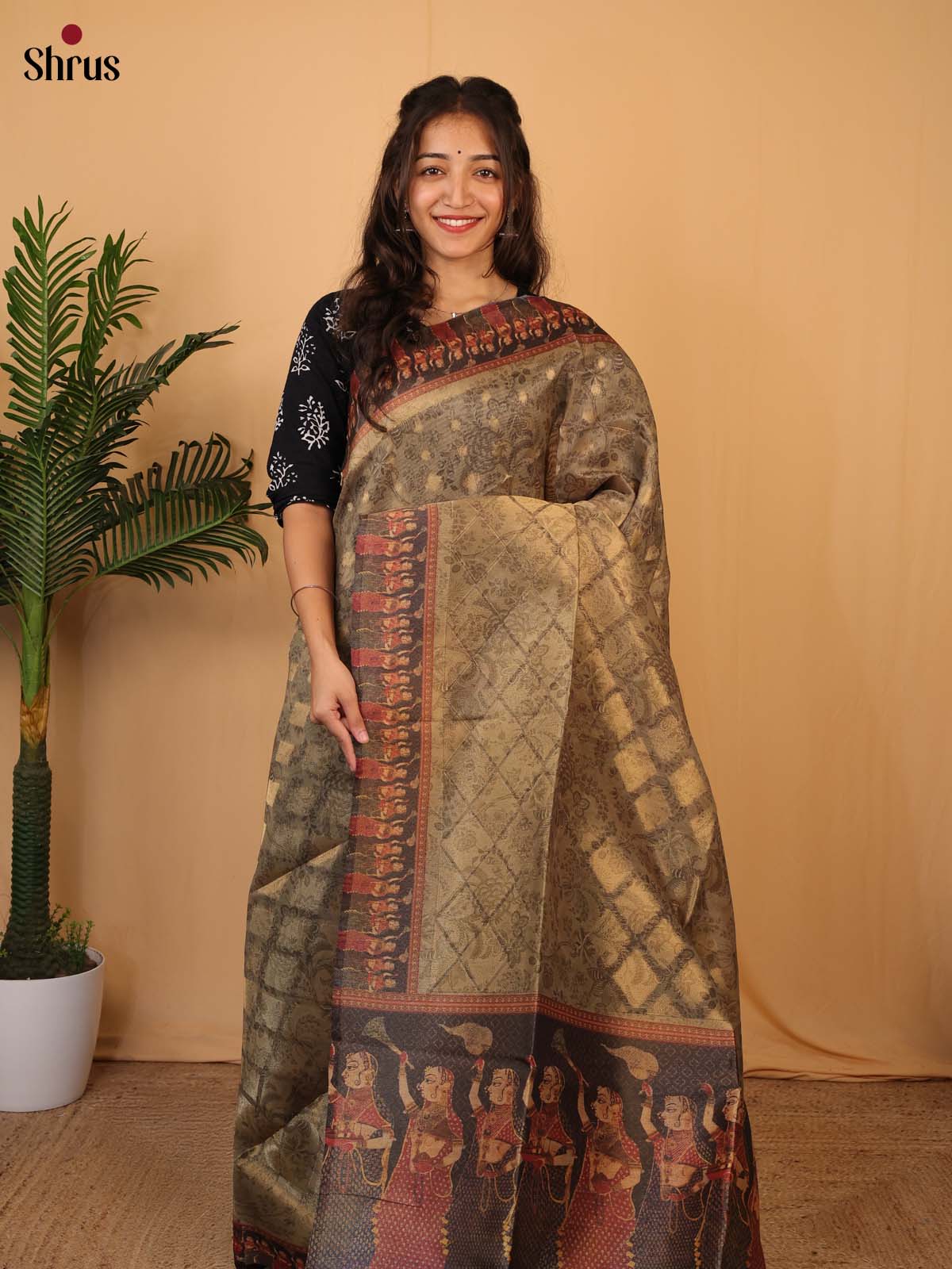 Golden Brown - Semi Tissue Saree - Shop on Shrus.com
