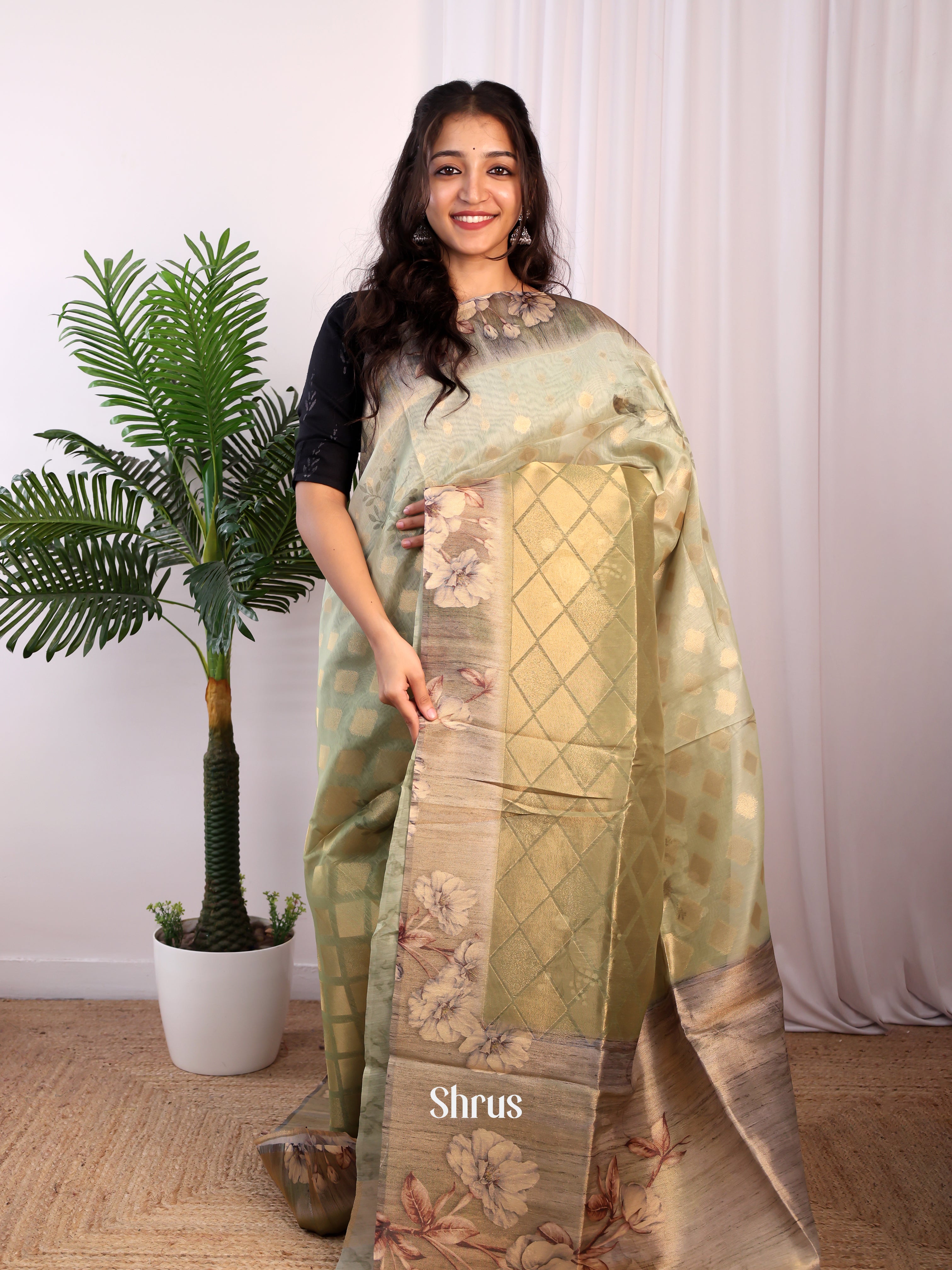 Green & Grey - Semi Tissue Saree - Shop on Shrus.com