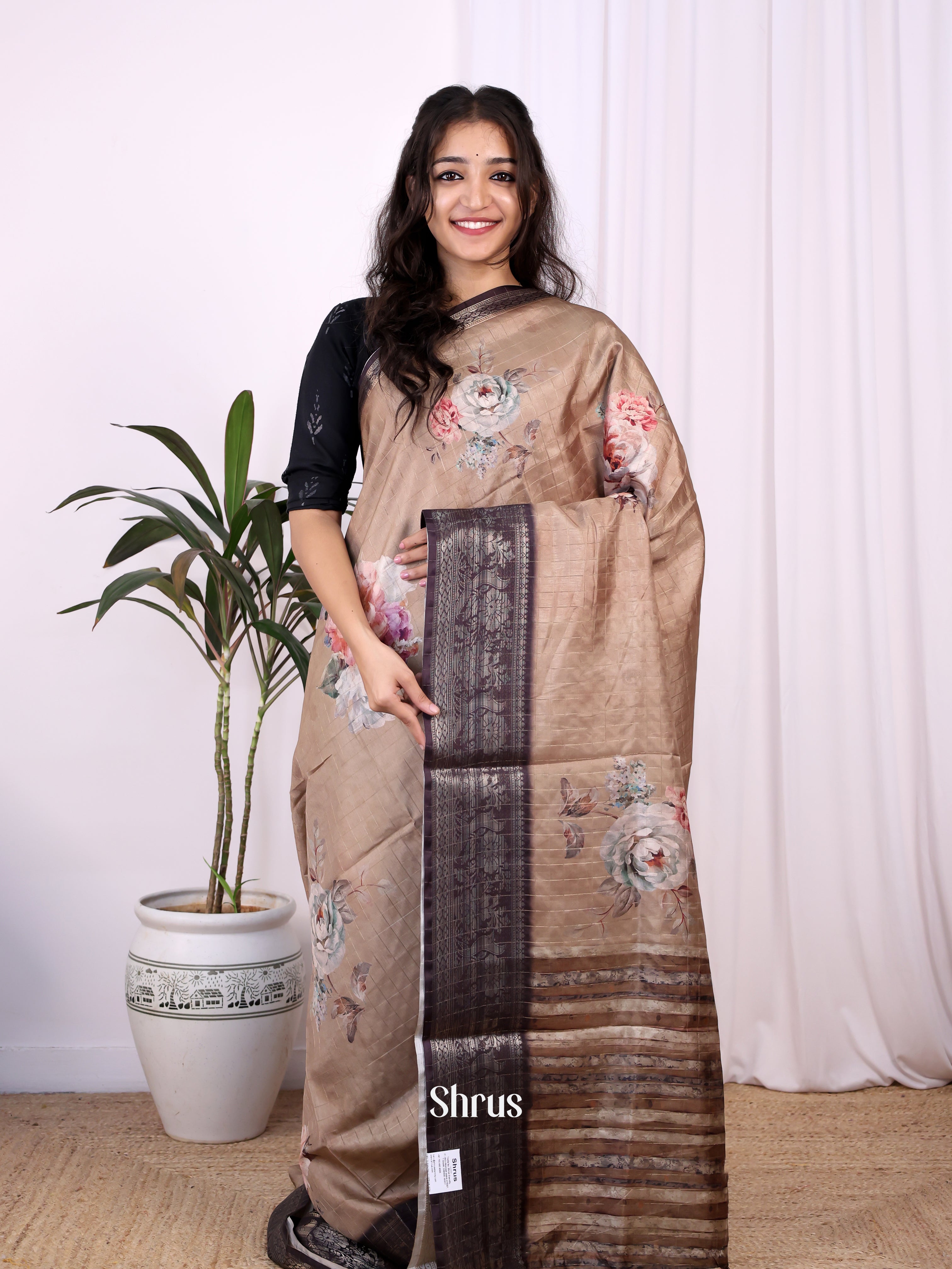 Lite Brown & Brown - Semi Dola silk Saree