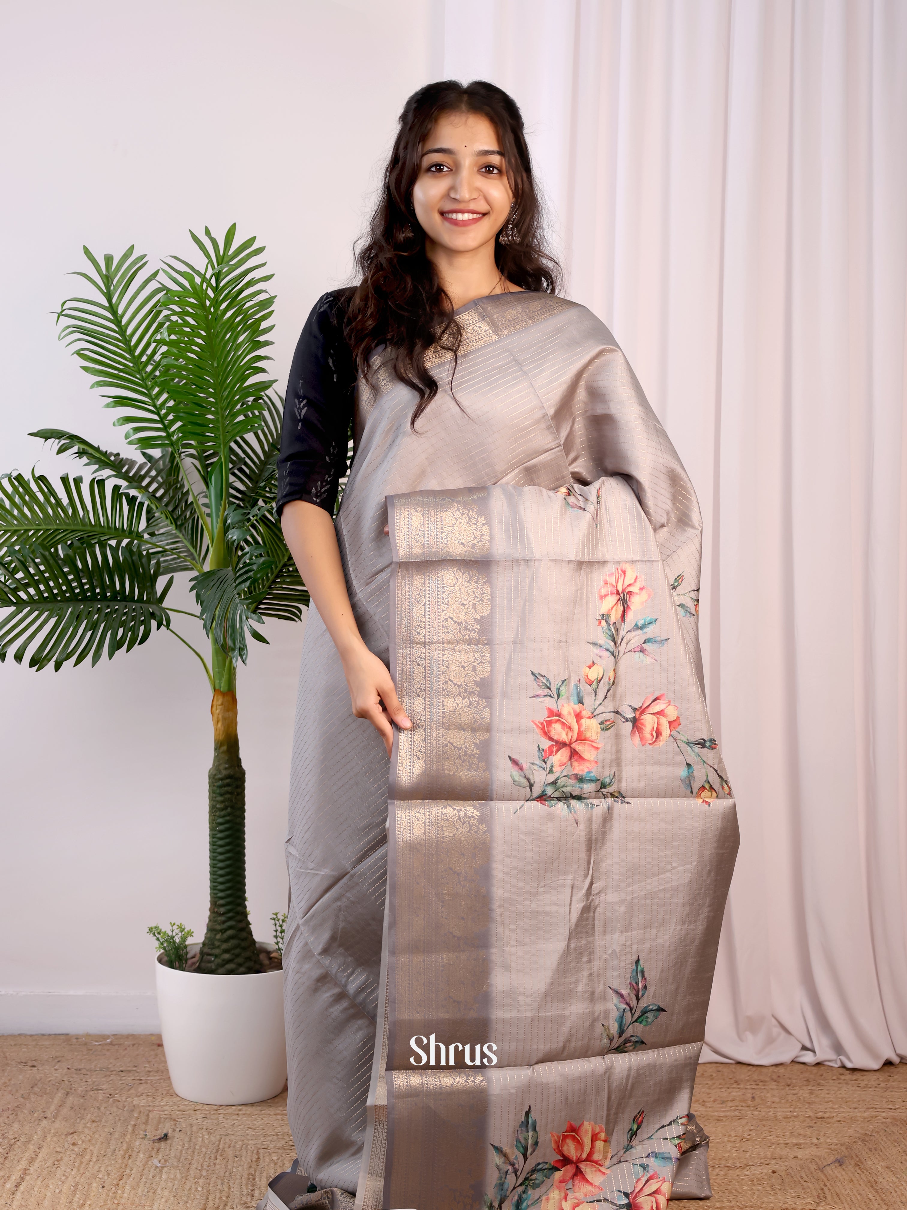 Grey - Semi Dola silk Saree