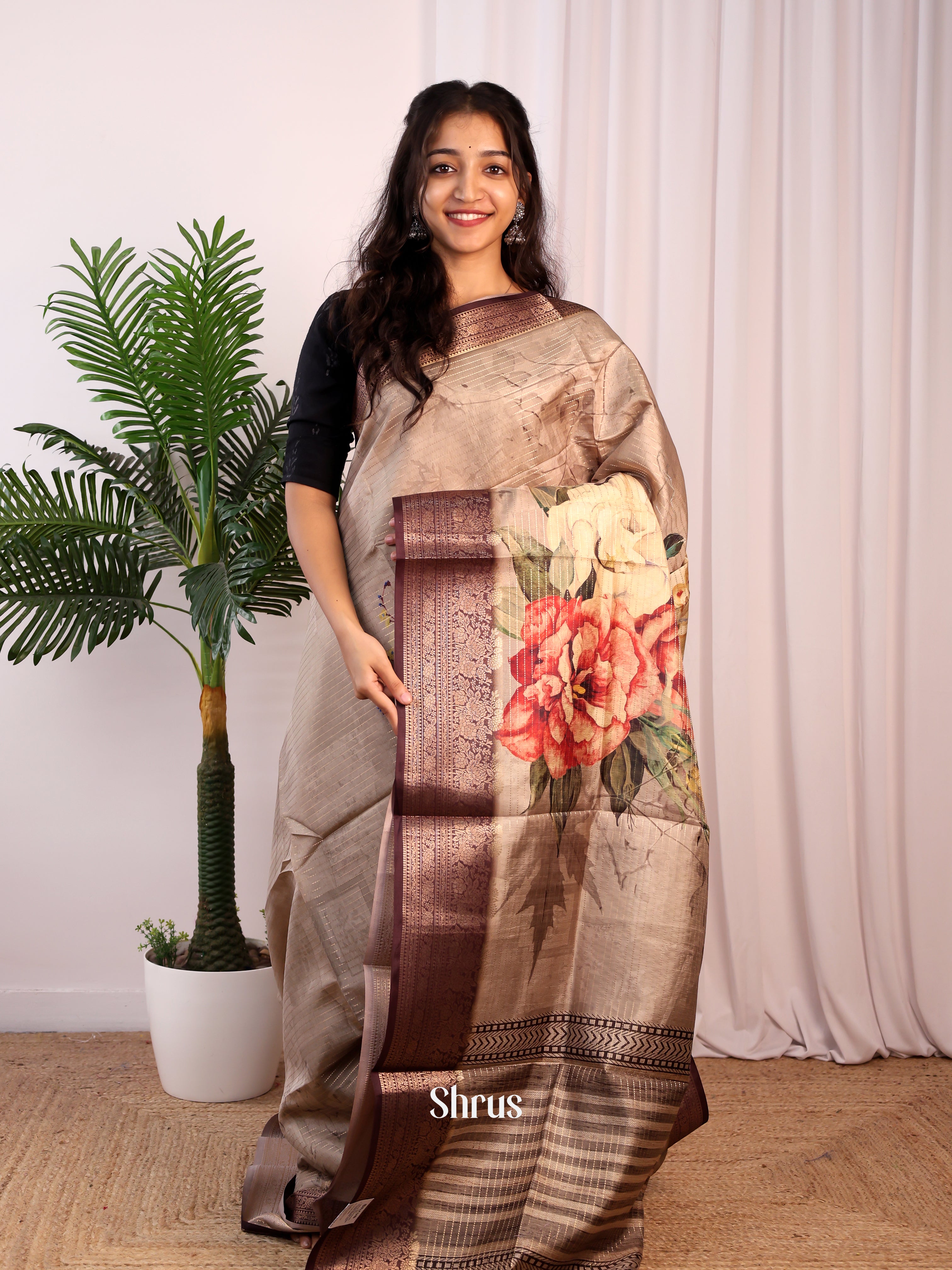 Grey & Brown - Semi Dola silk Saree