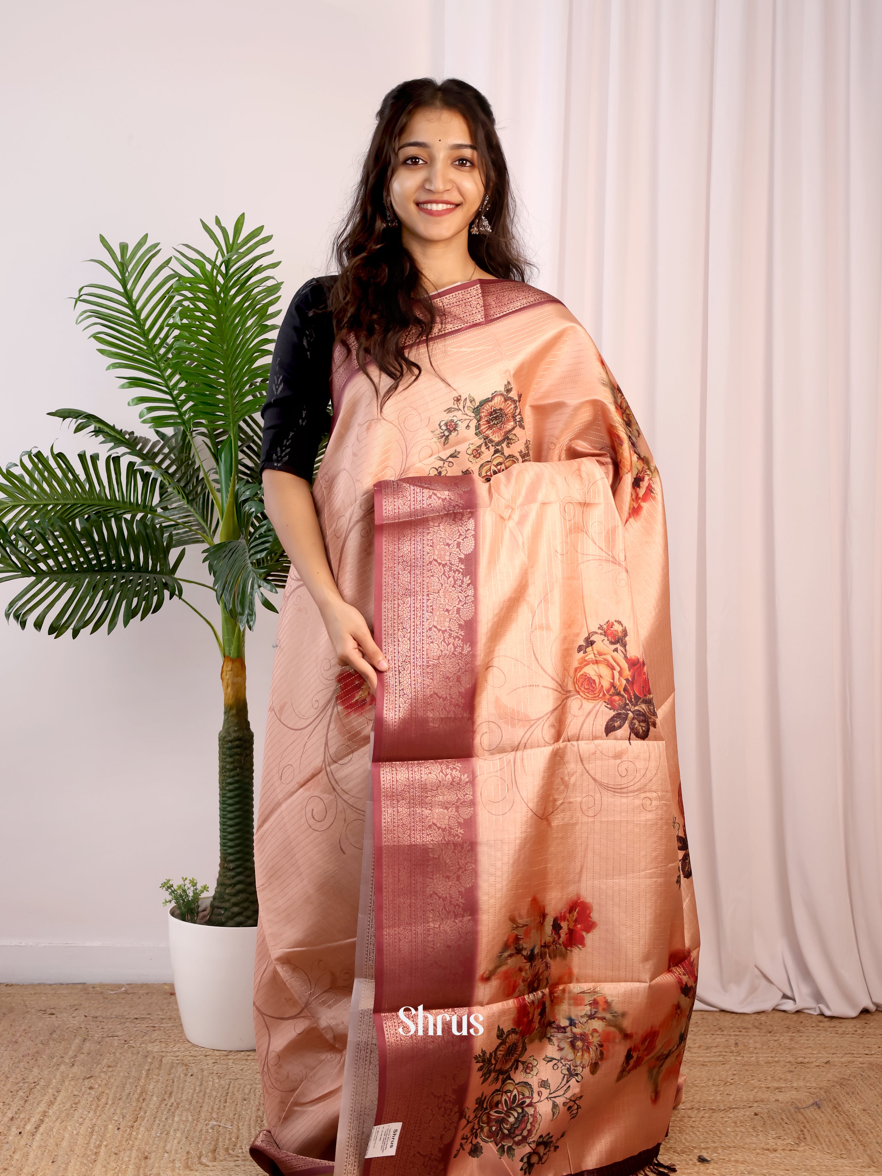 Peach & Maroon - Semi Dola silk Saree