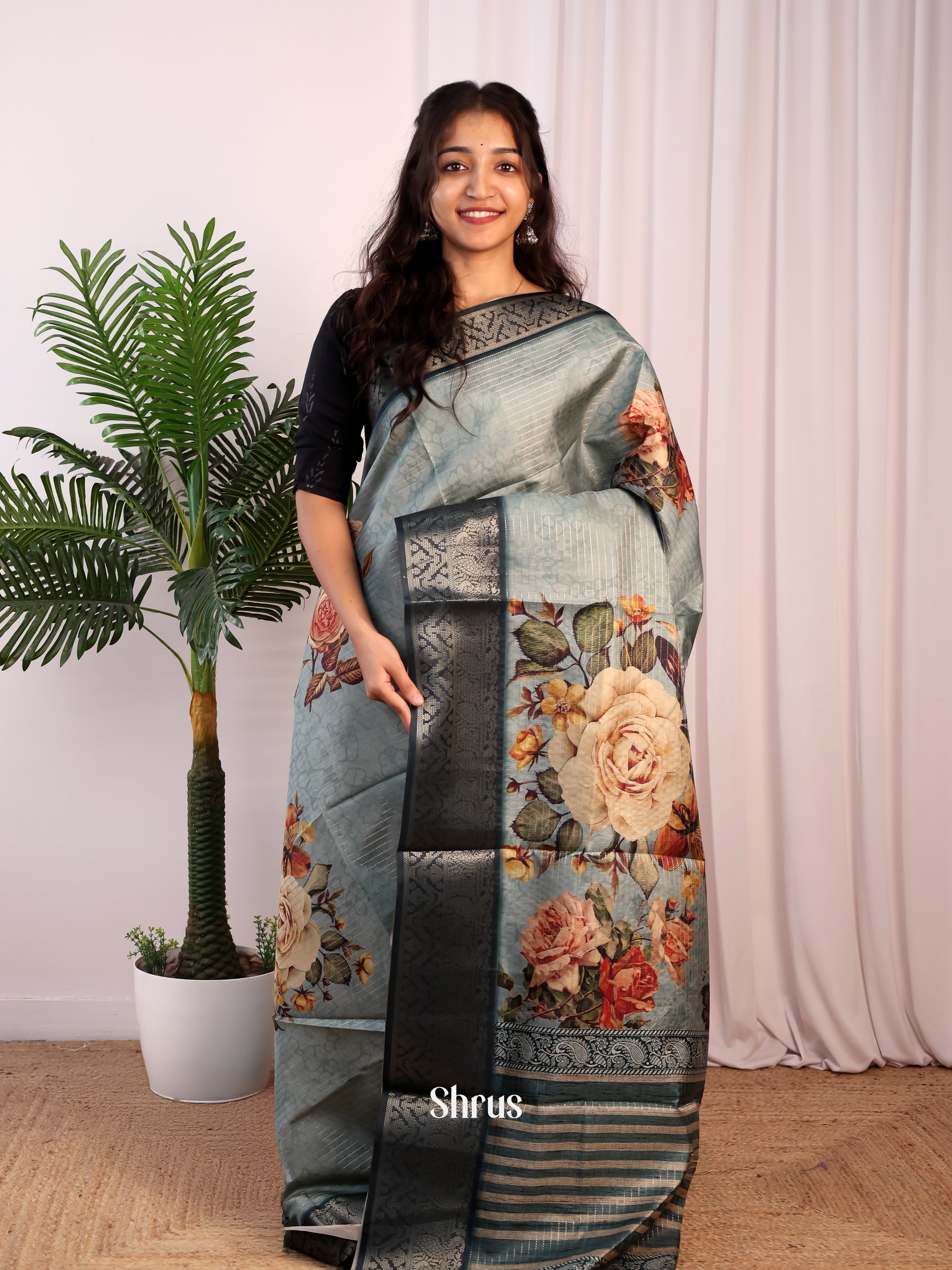 Grey & Black - Semi Dola silk Saree