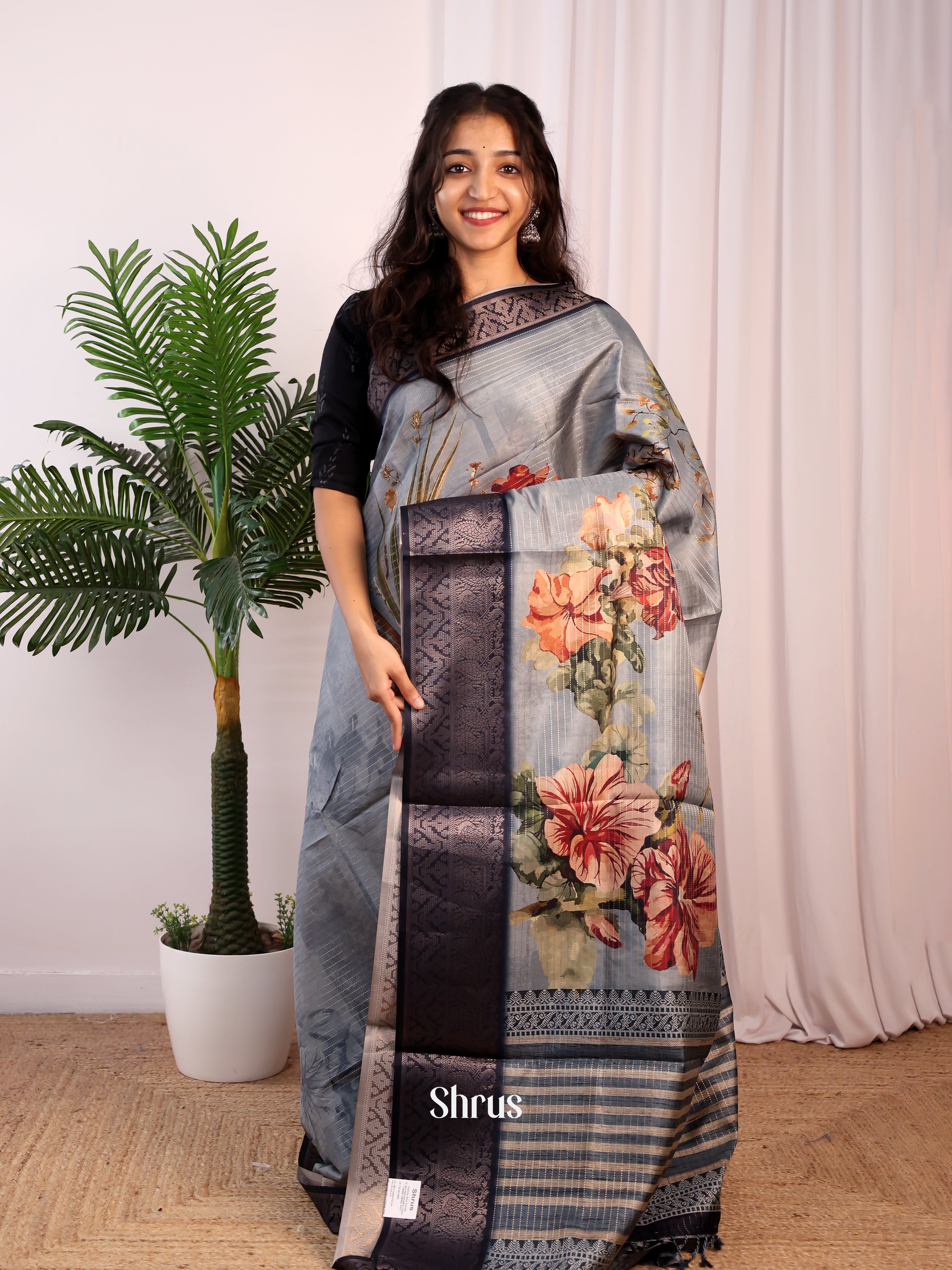 Grey & Black - Semi Dola silk Saree