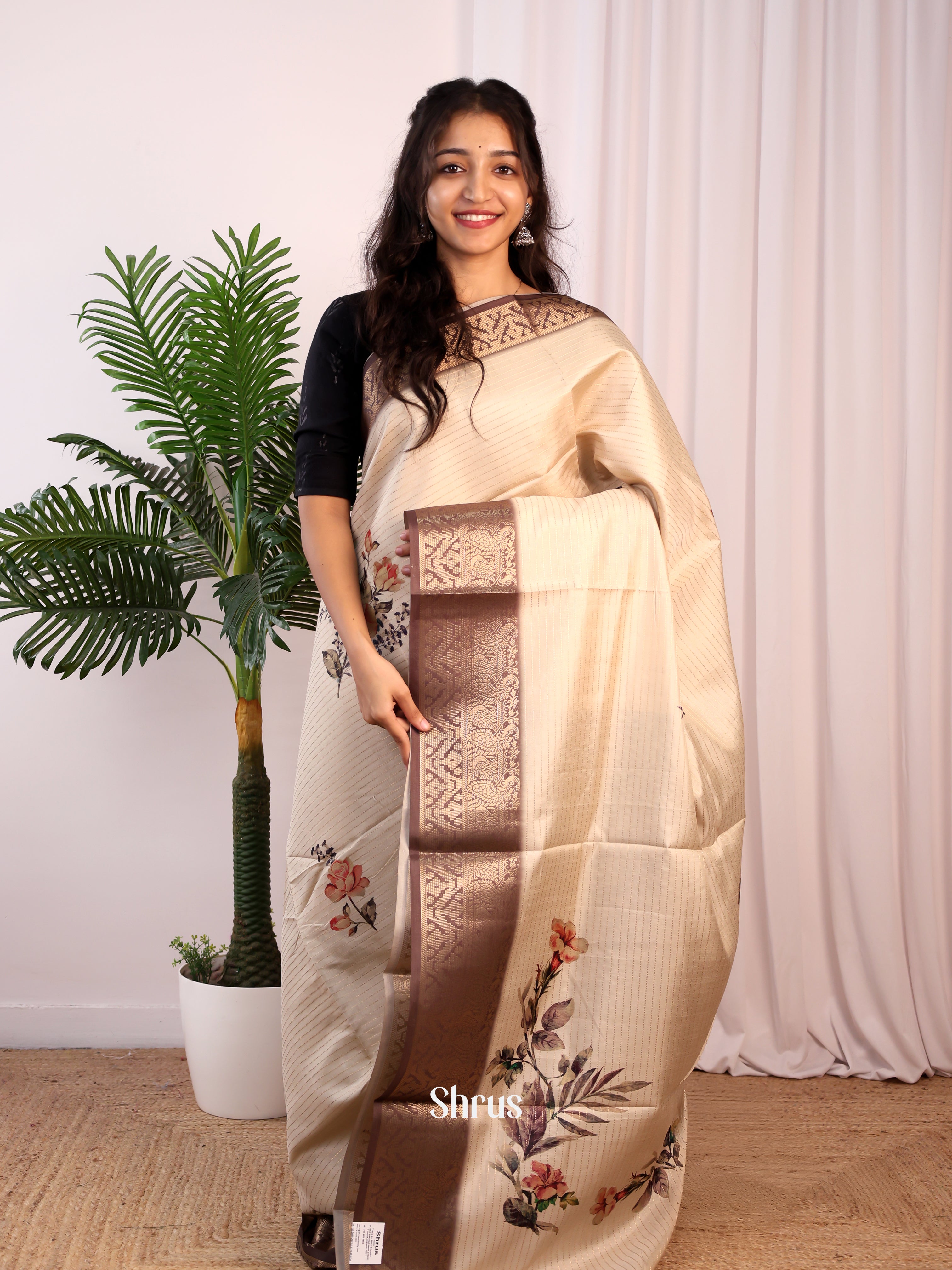 Cream & Brown - Semi Dola silk Saree