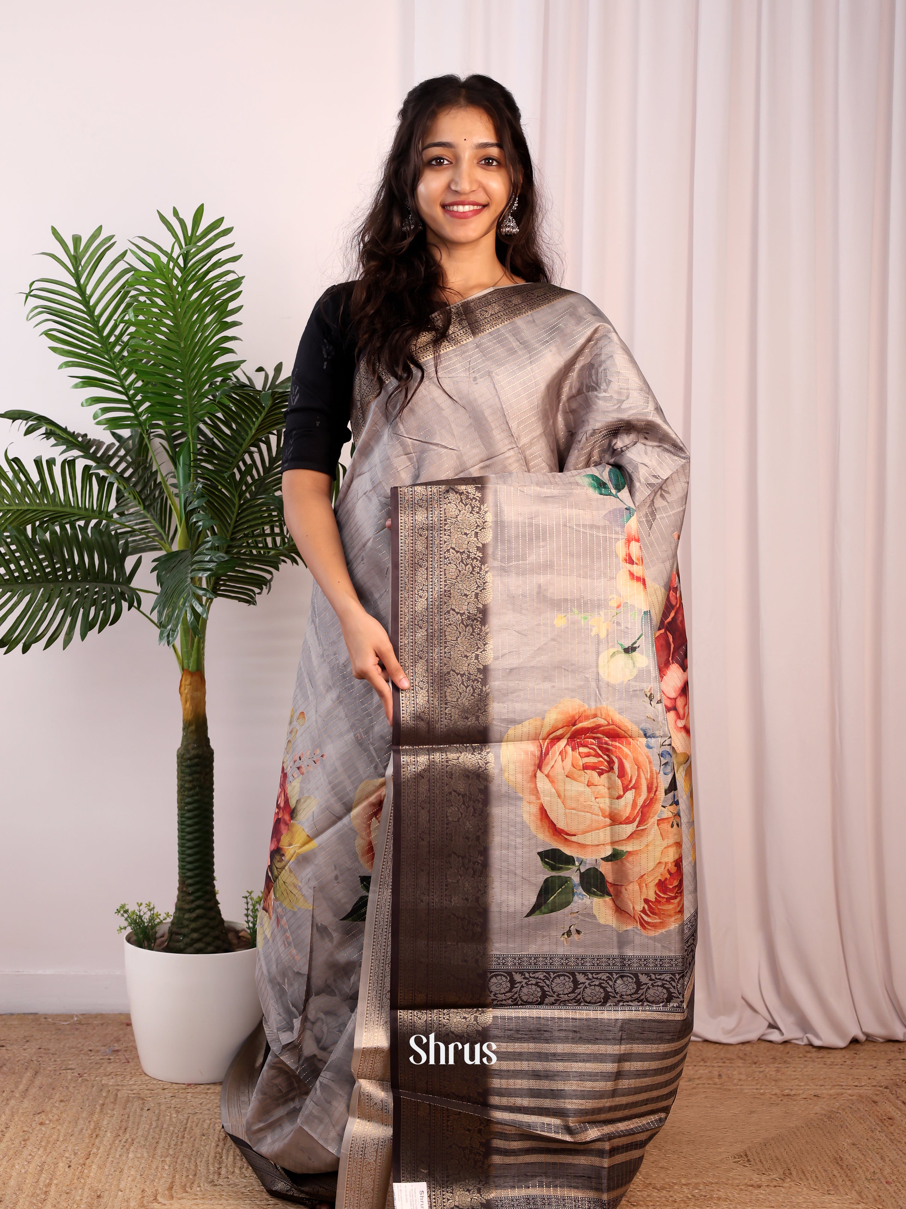 Grey & Brown - Semi Dola silk Saree