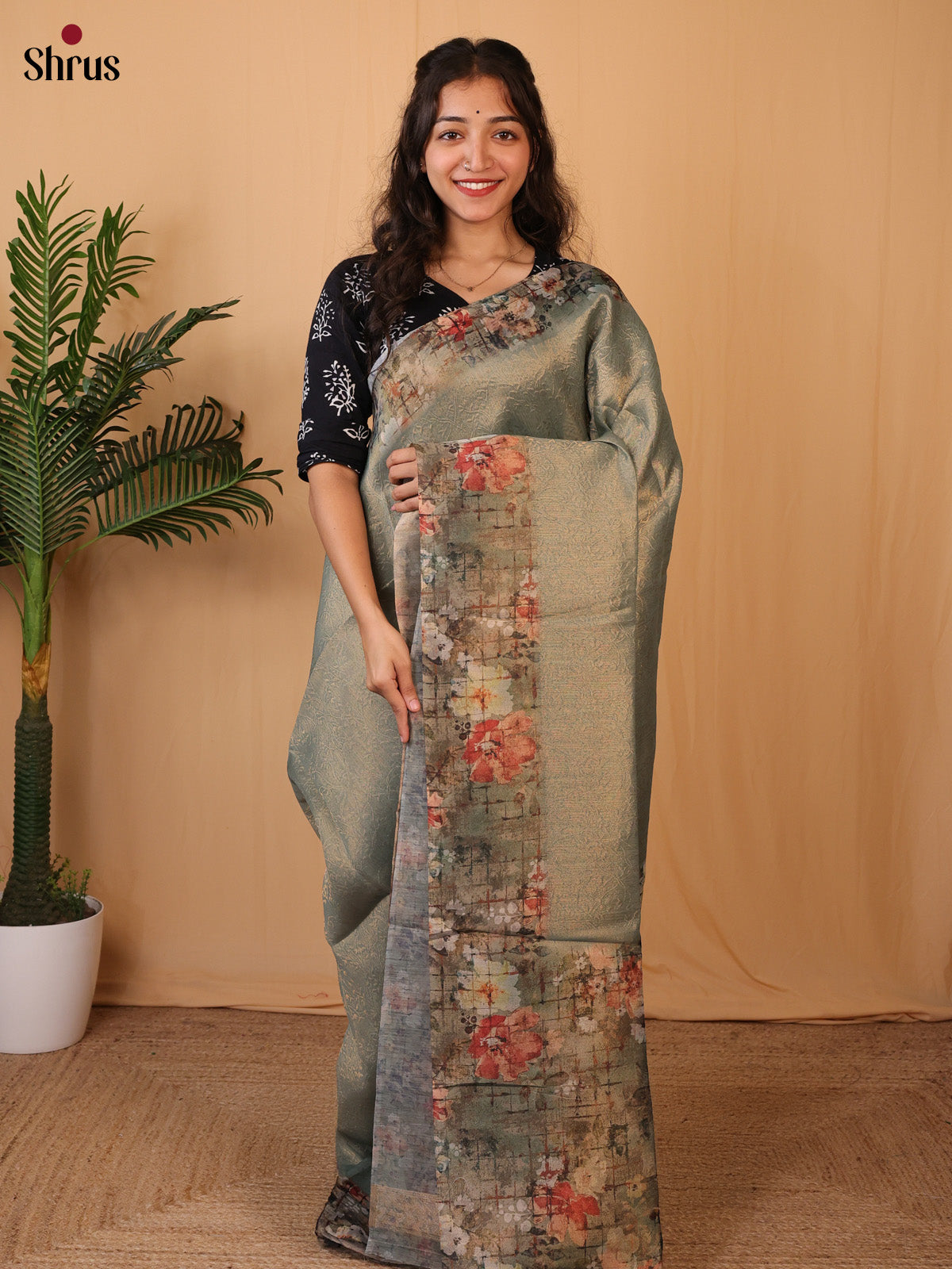 Greyish Blue - Semi Tissue Saree