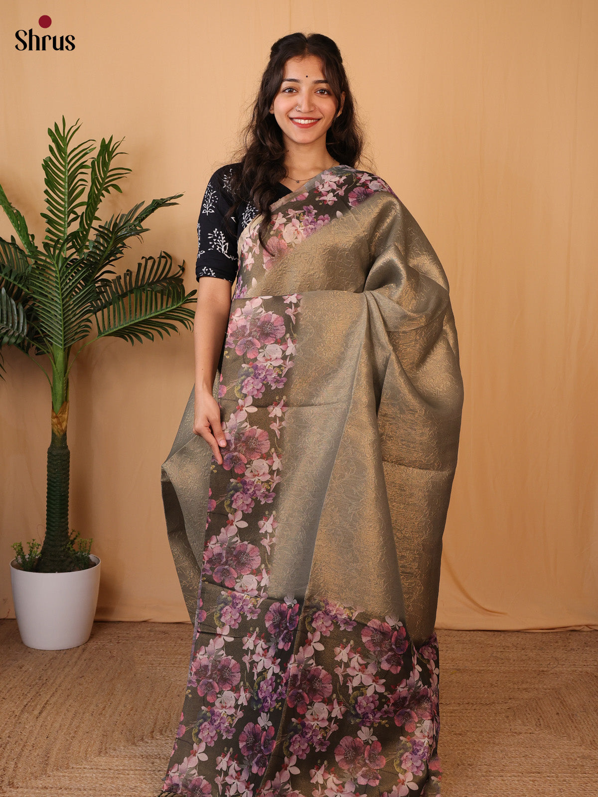 Grey & Violet  - Semi Tissue Saree