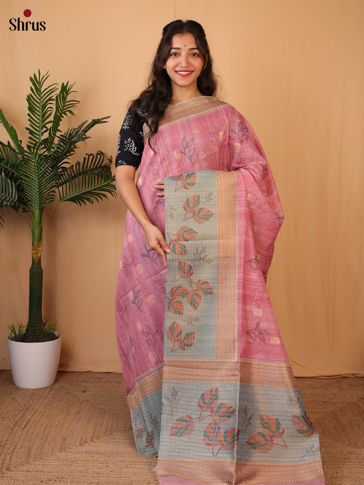 Pink & Grey - Semi Tissue Saree