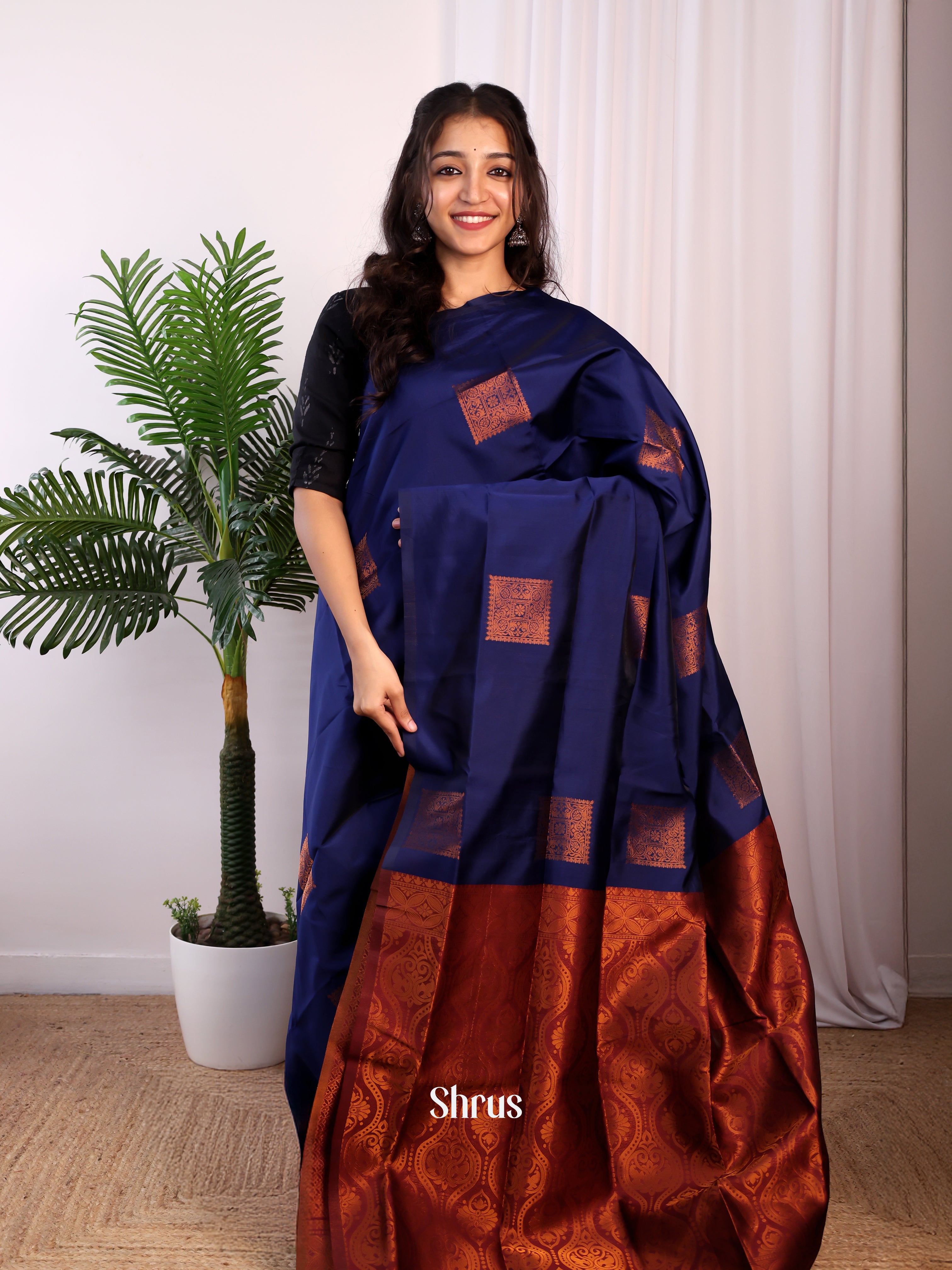 Navy Blue & Brown - Semi Softsilk Saree