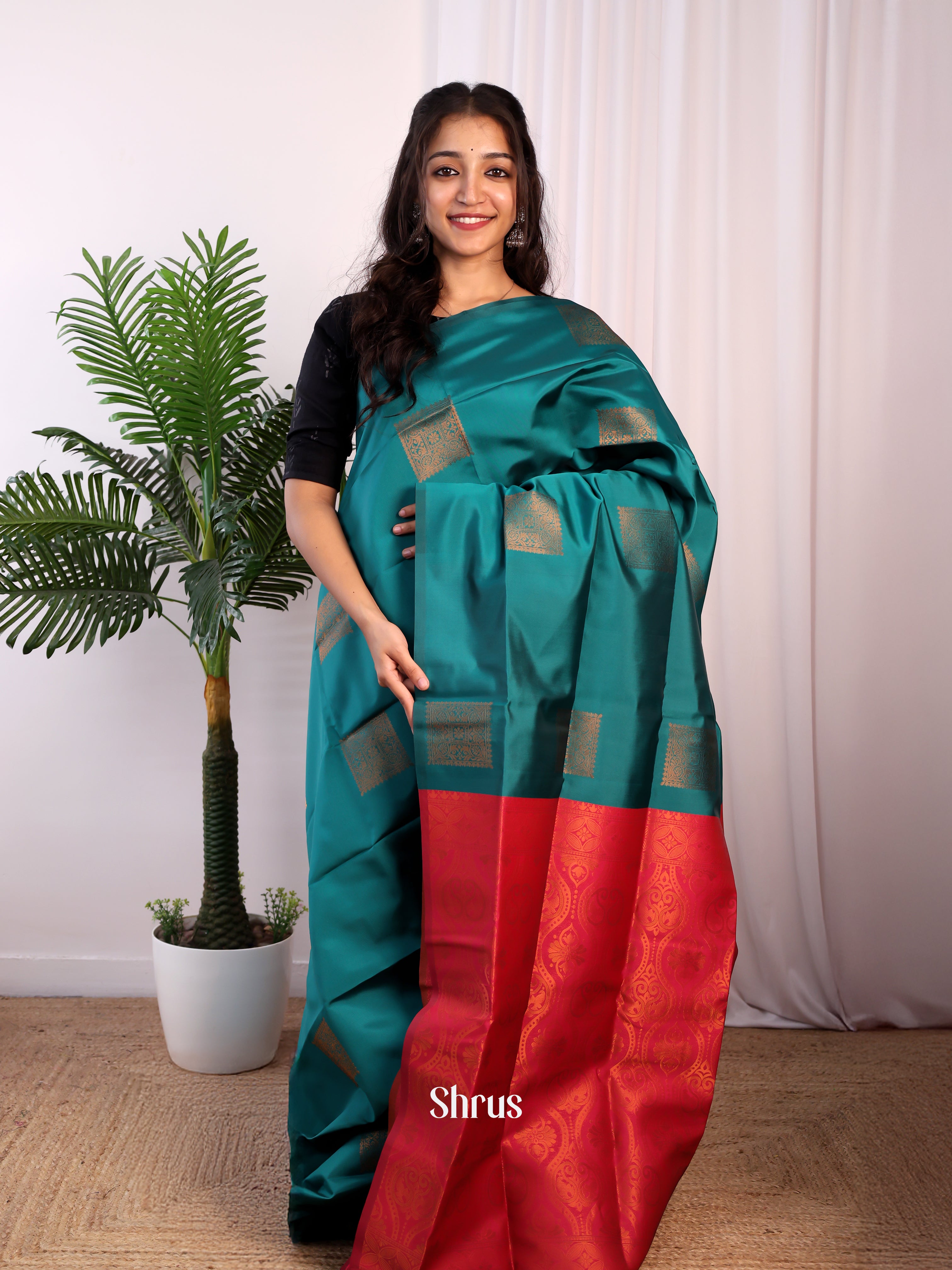 Green & Maroon - Semi Softsilk Saree