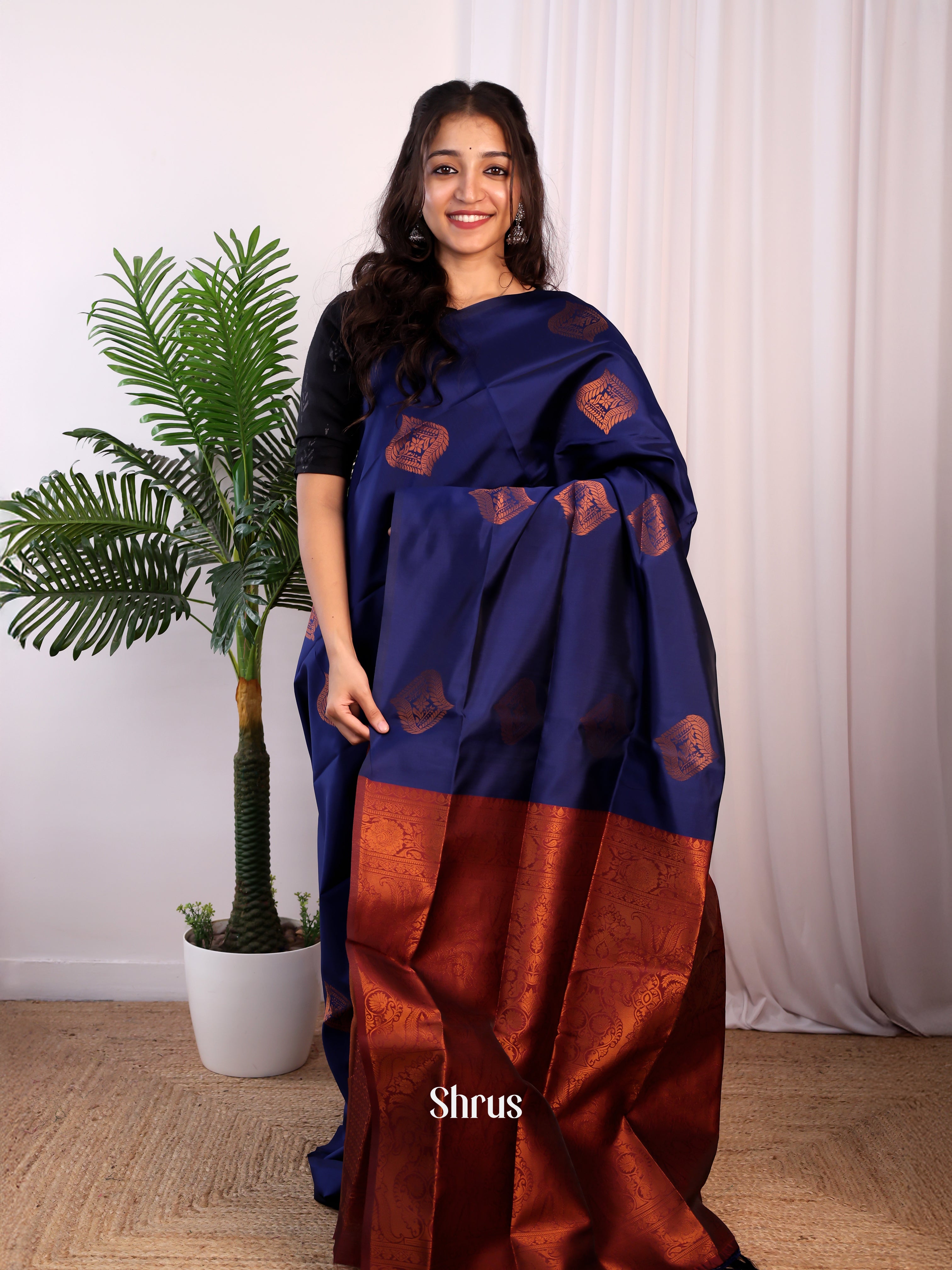 Blue & Brown  - Semi Softsilk Saree