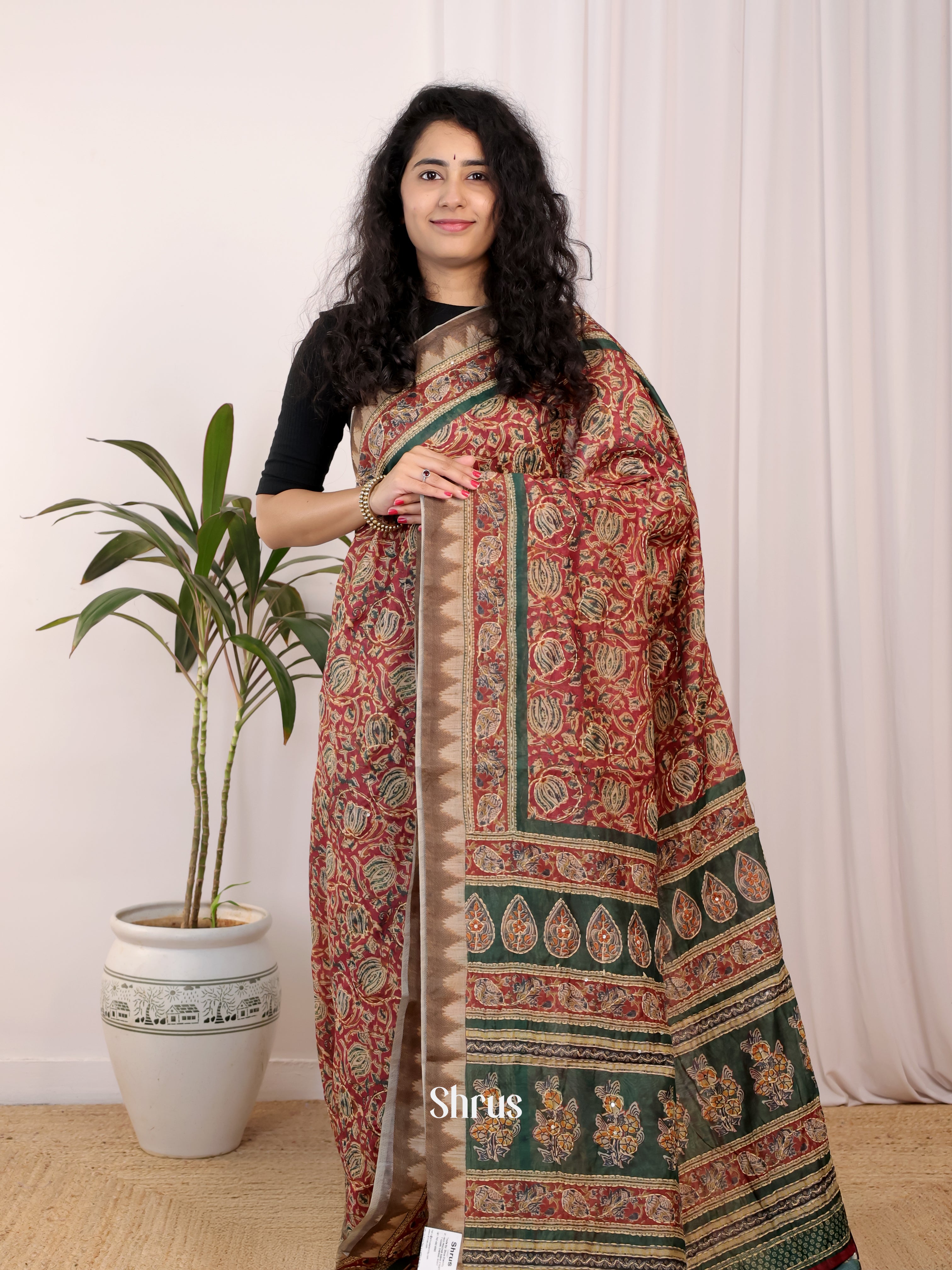 Brown & Green - Semi Kantha Saree