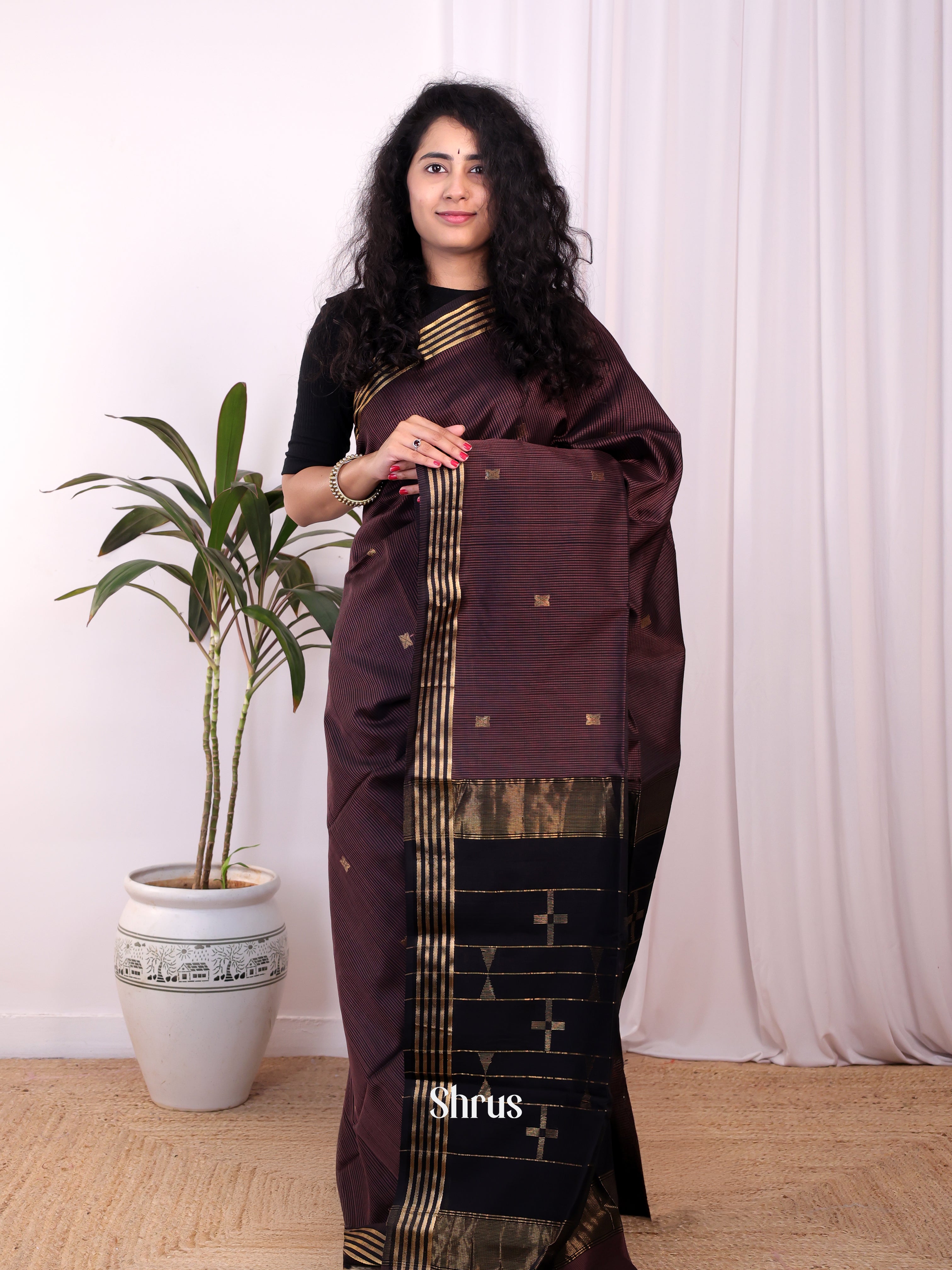 Brown & Black - Maheshwari silkcotton Saree