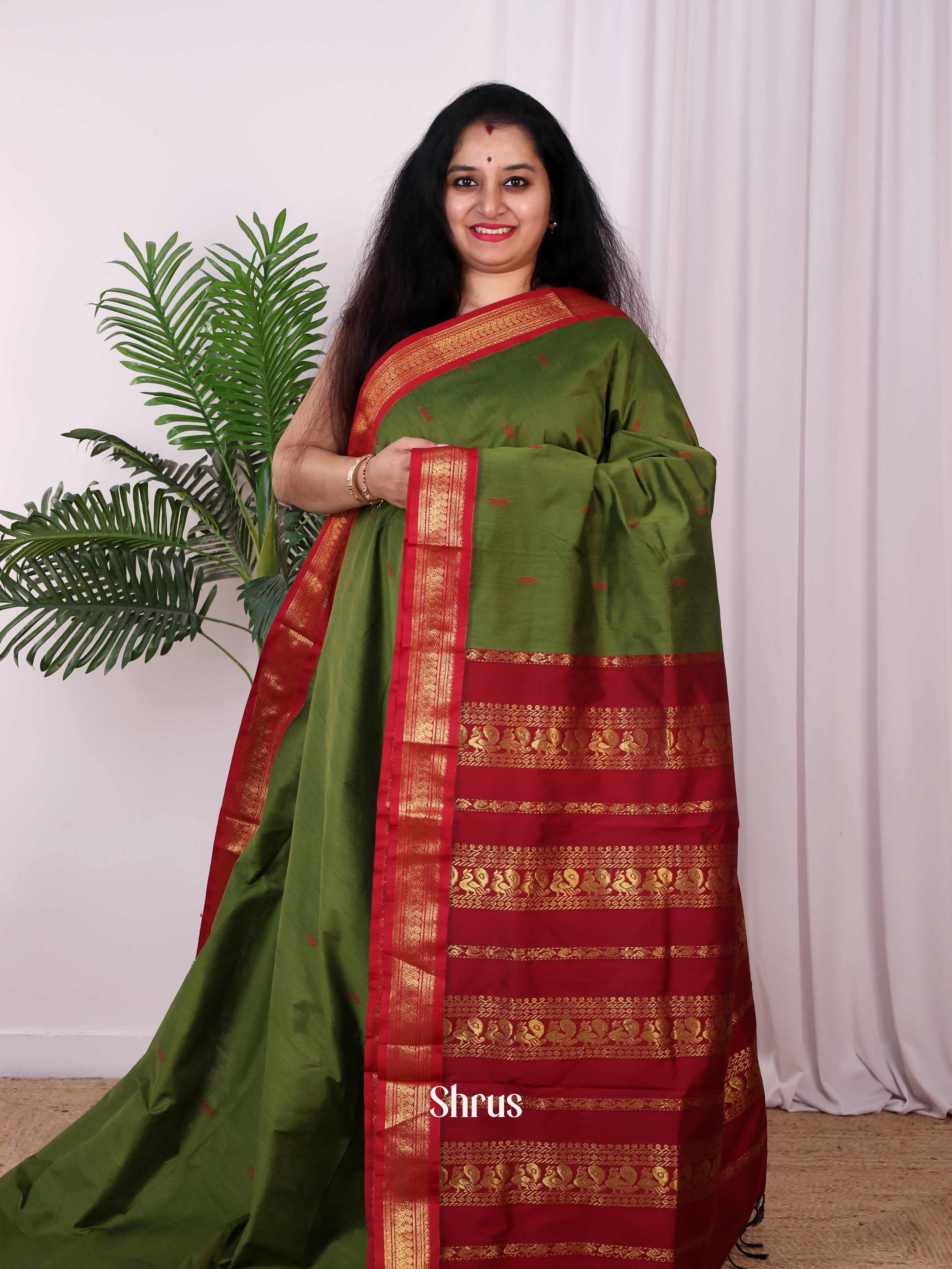 Green  & Red - Kalyani Cotton Saree - Shop on Shrus.com